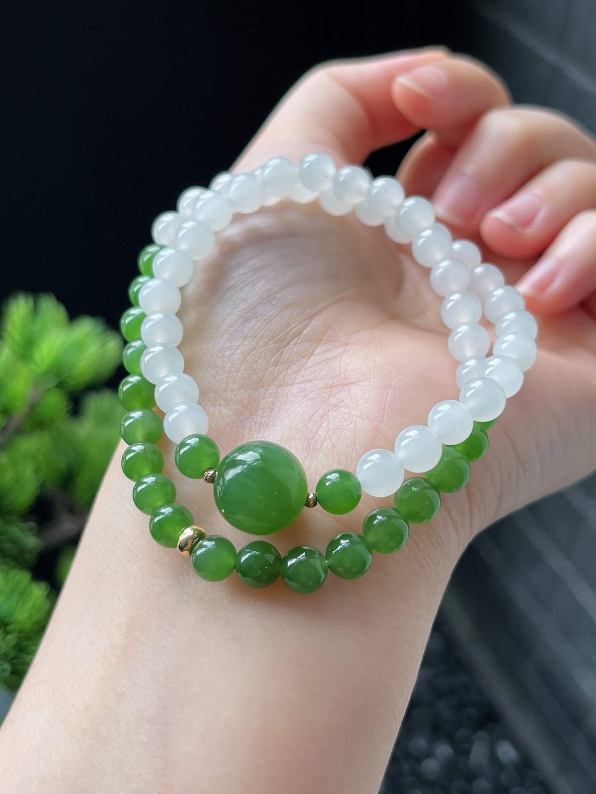 和田玉碧玉配白玉双圈手串