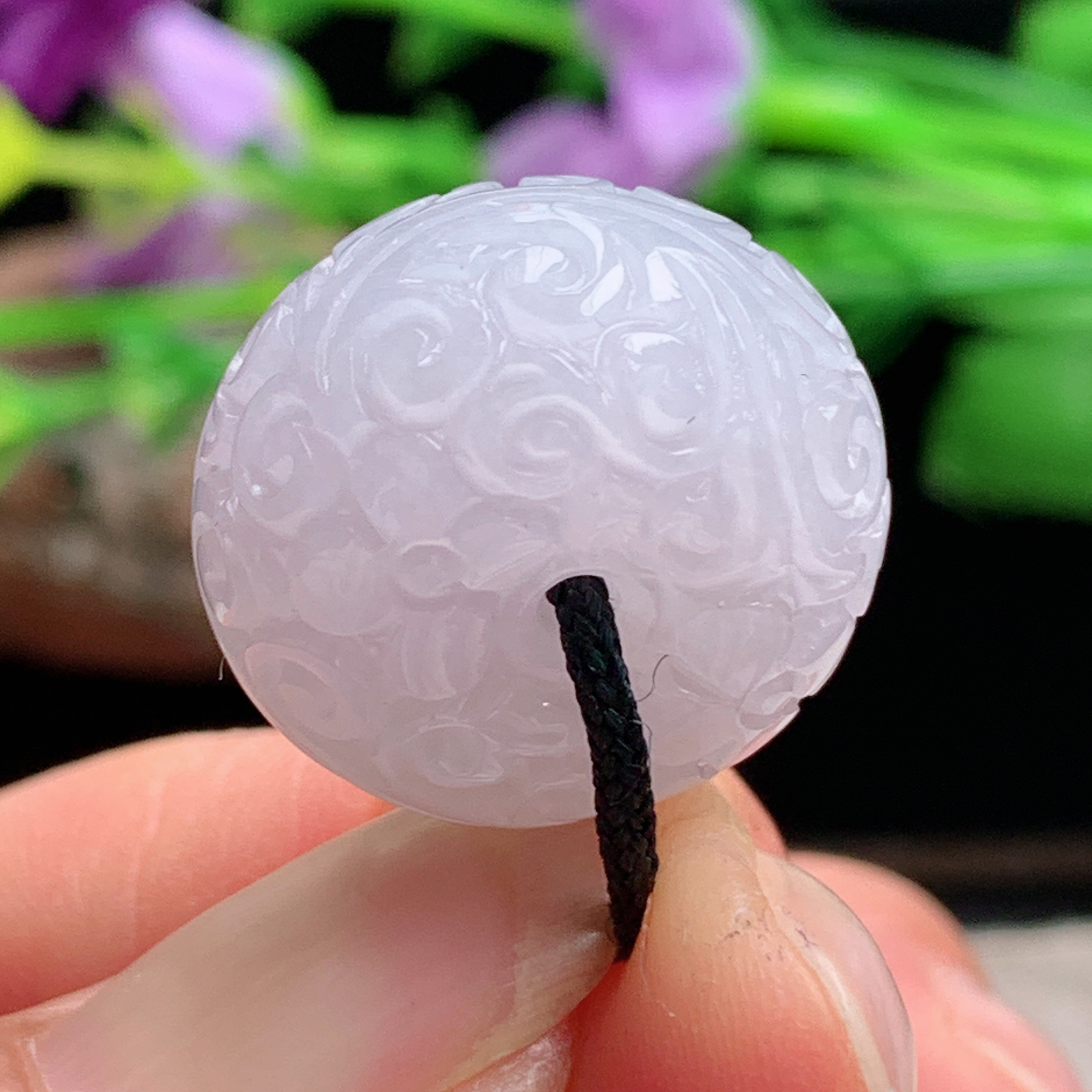 py实拍20.2*12.6缅甸翡翠淡紫底冰润面包扣 玉扣玉吊坠 玉挂件