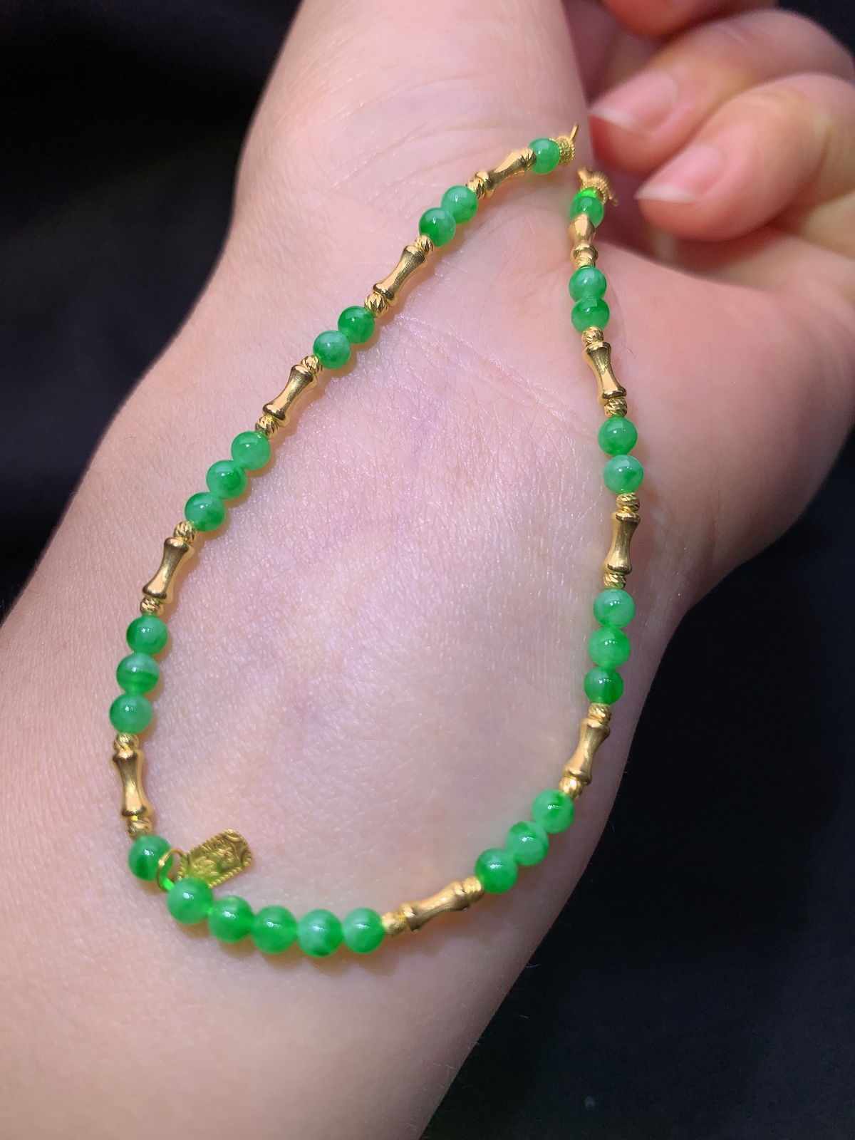 阳绿圆珠手链，18k金配饰，冰润色阳，种水足，J12 尺寸2.5