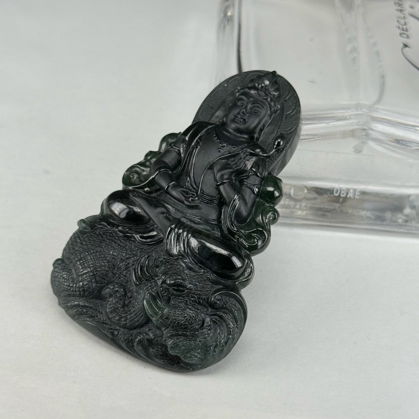 精品墨翠文殊菩萨 种好色正 黑度好 打灯通透 油性十足 尺寸60.5