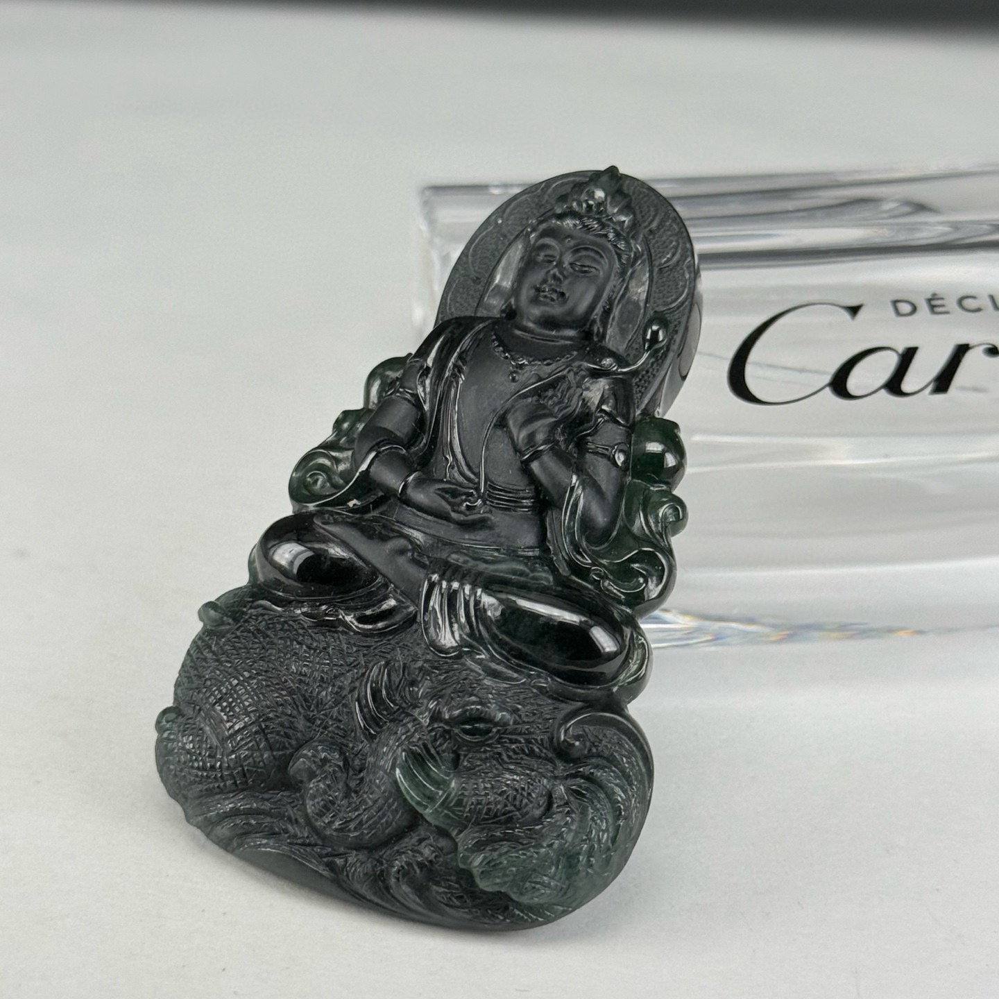 精品墨翠文殊菩萨 种好色正 黑度好 打灯通透 油性十足 尺寸60.5