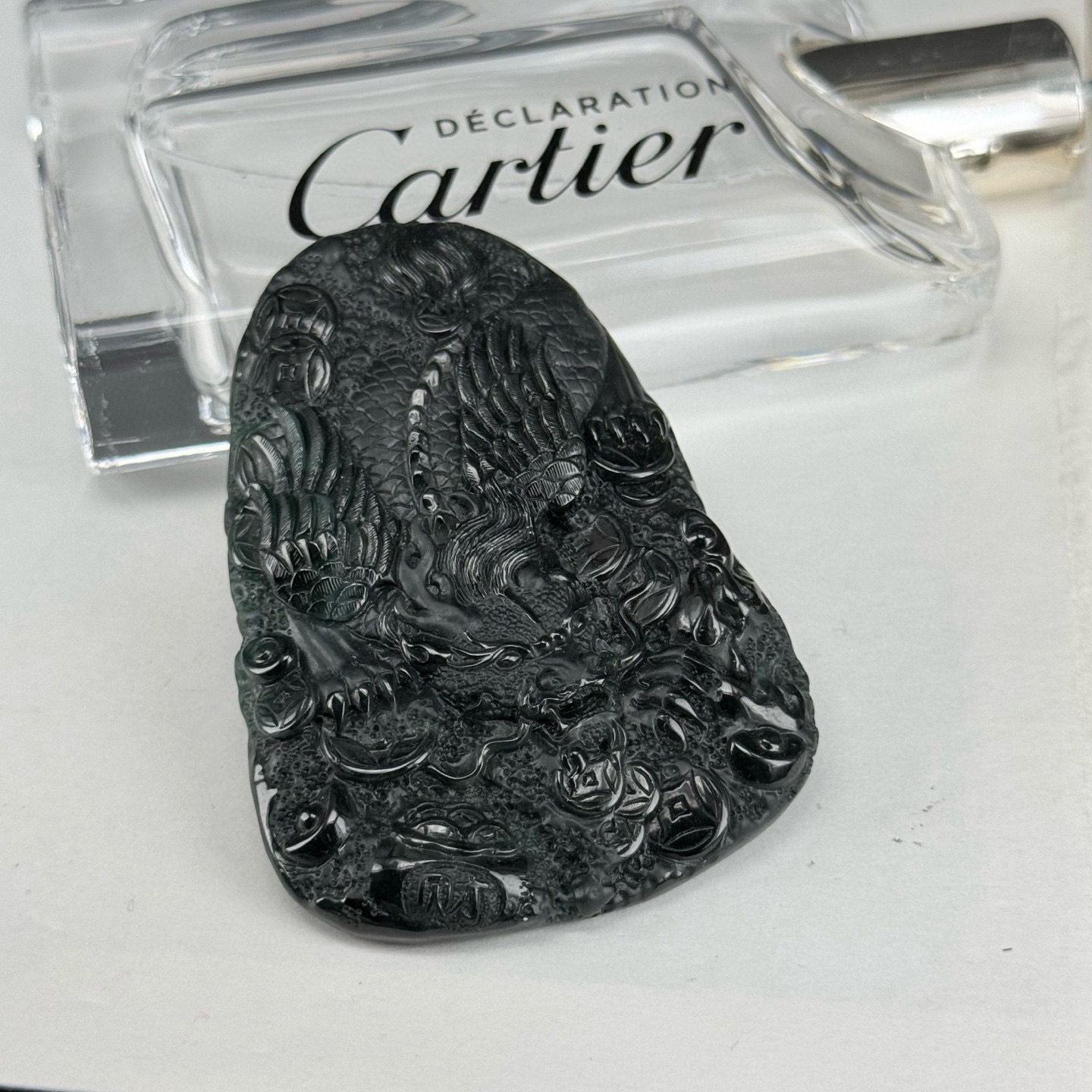 精品墨翠飞龙在天 种好色正 黑度好 打灯通透 油性十足 尺寸66