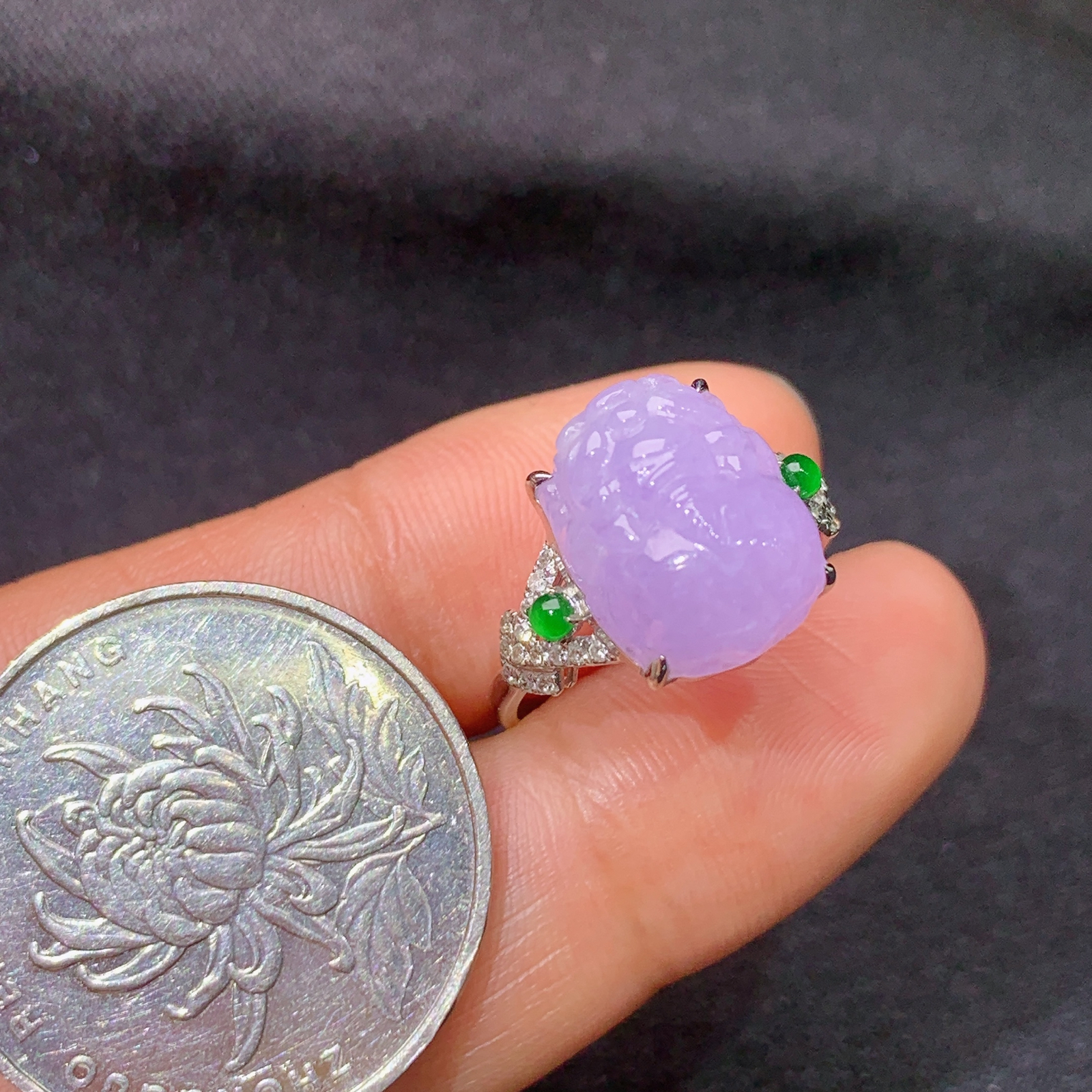 冰紫罗兰貔貅戒指，18k金镶嵌，温润细腻，颜色鲜艳，Y4 尺寸12.3*9.6*5.6