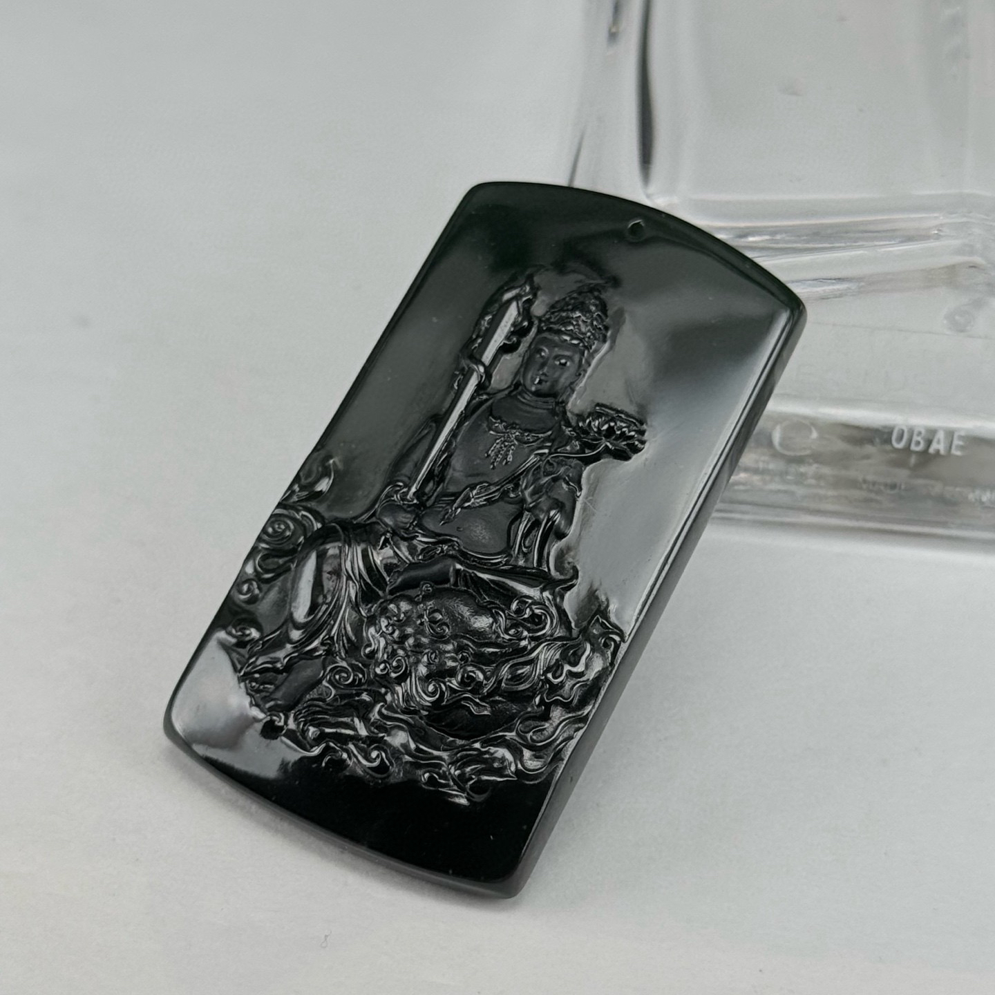 精品墨翠文殊菩萨 种好色正 黑度极好 打灯通透 油性十足 尺寸49.7