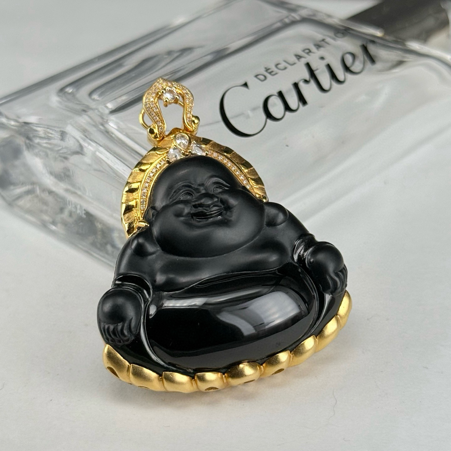 精品18k墨翠大肚佛 种好色正 黑度极好 打灯通透 油性十足  尺寸51.7