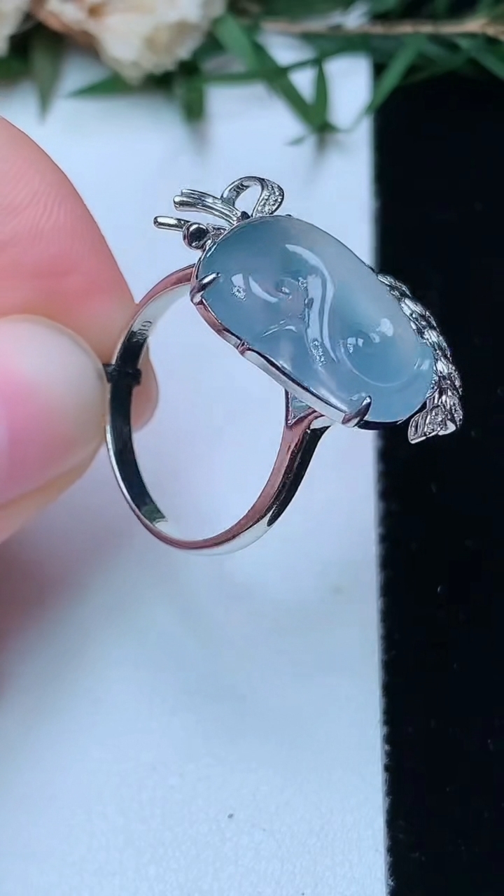 天然A货翡翠白冰如意戒指，尺寸17.7-16.4-12.6，重量:5.38g2026年4月13日
工厂直销收藏佳品,种好水足，色泽均匀，有种有色，上手高大气！