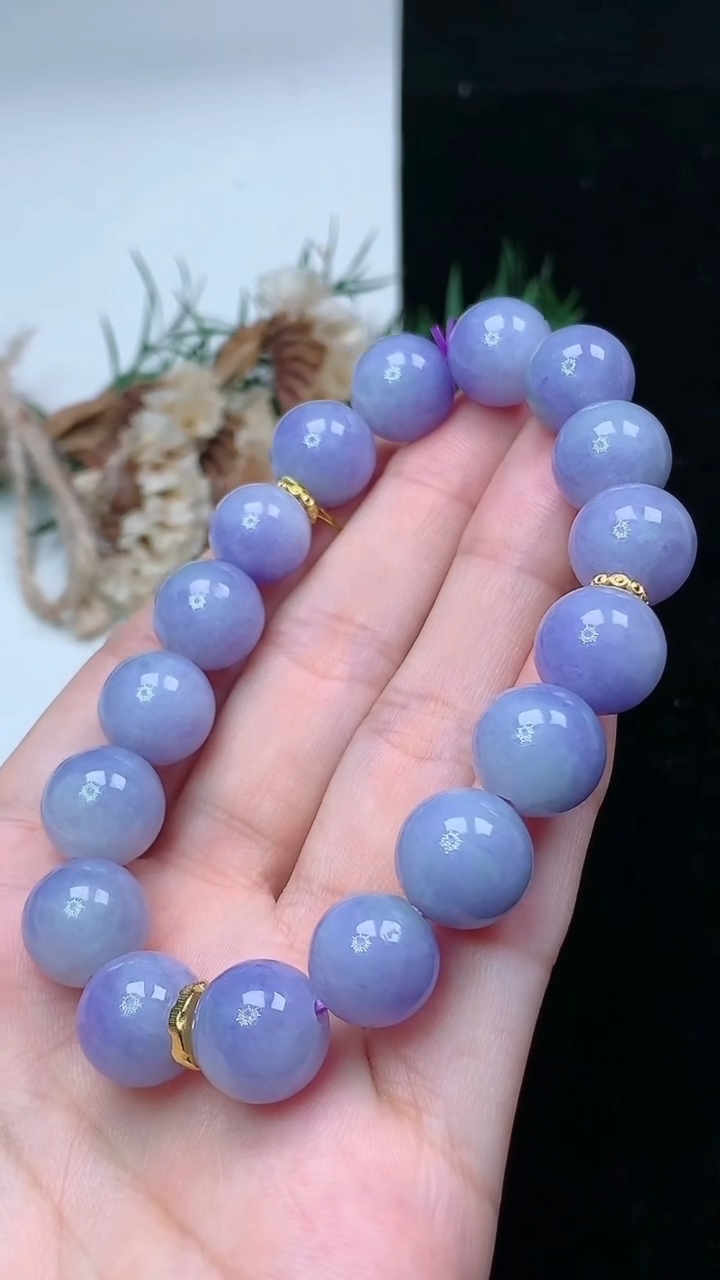 天然A货翡翠k金紫罗兰圆珠手串，尺寸11.2-17颗，重量:44.73g4月15日
工厂直销收藏佳品,种好水足，色泽均匀，有种有色，上手高大气！