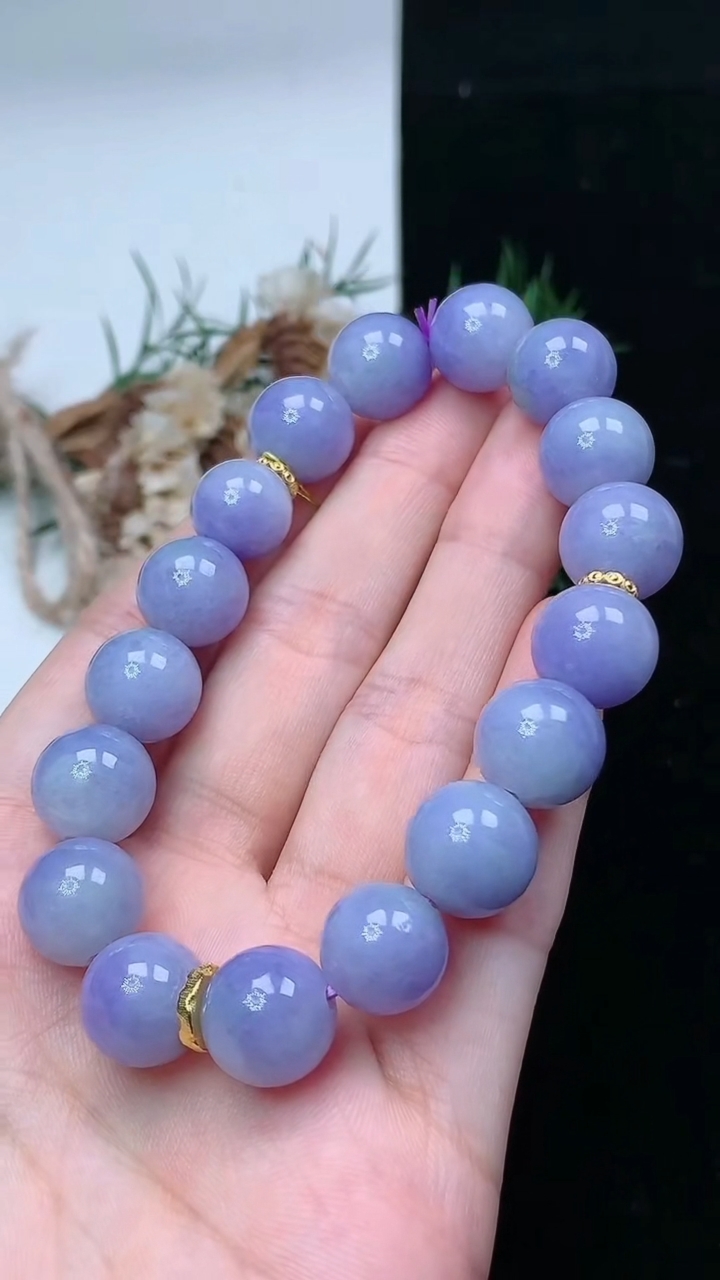 天然A货翡翠k金紫罗兰圆珠手串，尺寸11.2-17颗，重量:44.73g4月15日
工厂直销收藏佳品,种好水足，色泽均匀，有种有色，上手高大气！