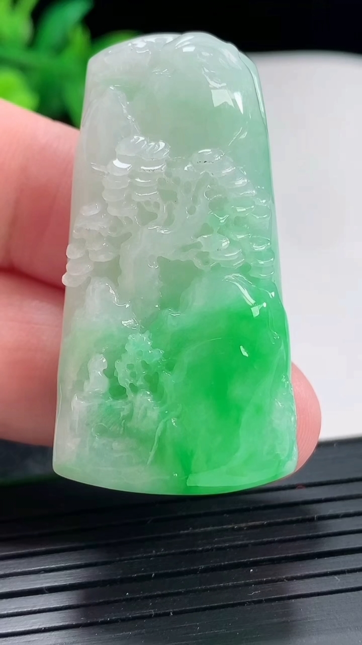 天然A货翡翠山水牌吊坠，尺寸46-23.6-12.5重量:31.65g
4月22日