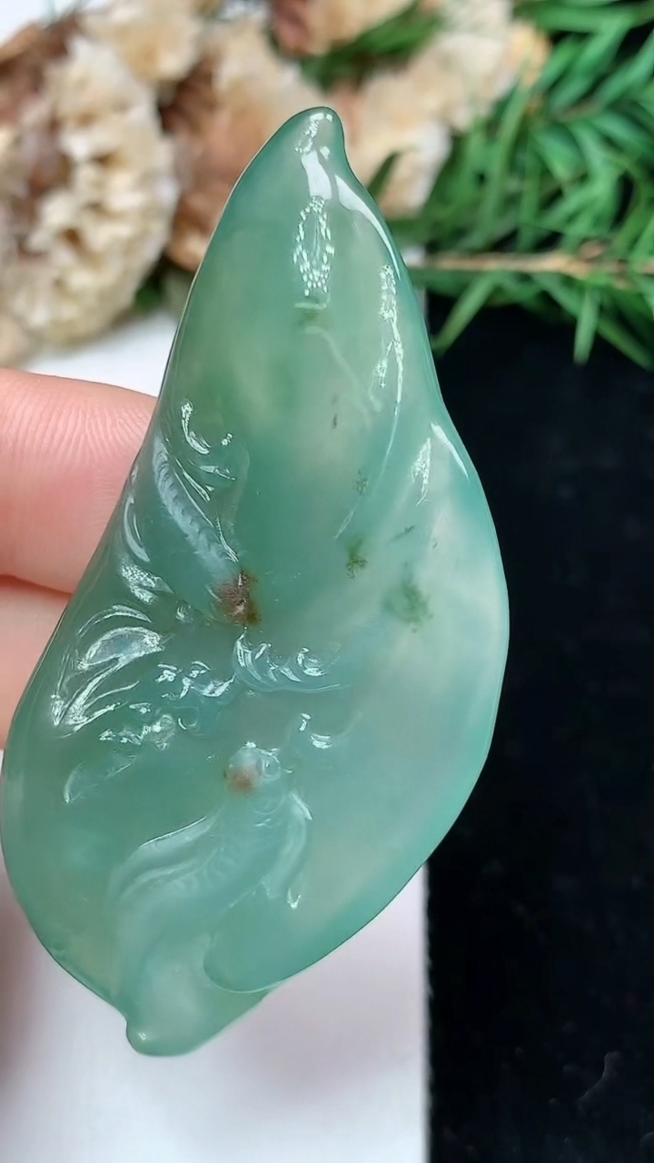 天然A货翡翠双彩年年有余吊坠，尺寸58-27.6-5.6，重量:15.57g
4月26日