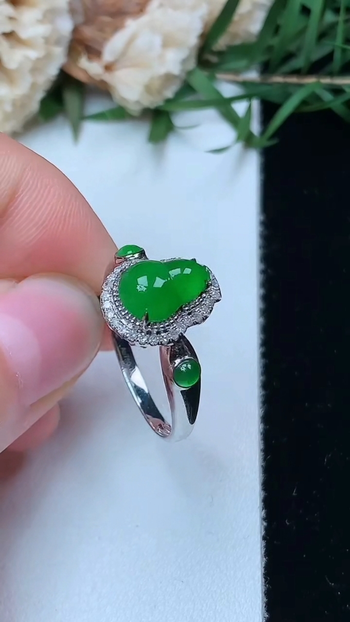 天然A货翡翠葫芦戒指，尺寸17.2-8.6-6.2，重量:2.61g2026年4月26日
工厂直销收藏佳品,种好水足，色泽均匀，有种有色，上手高大气！