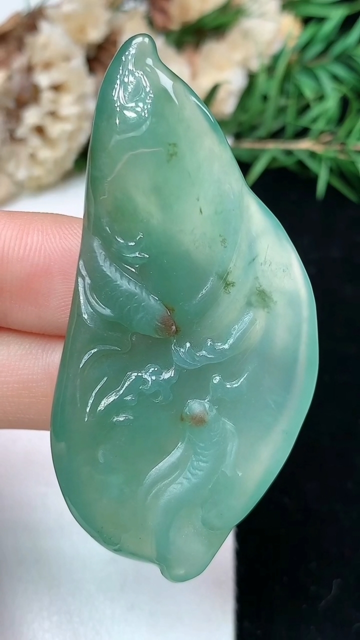 天然A货翡翠双彩年年有余吊坠，尺寸58-27.6-5.6，重量:15.57g
4月26日