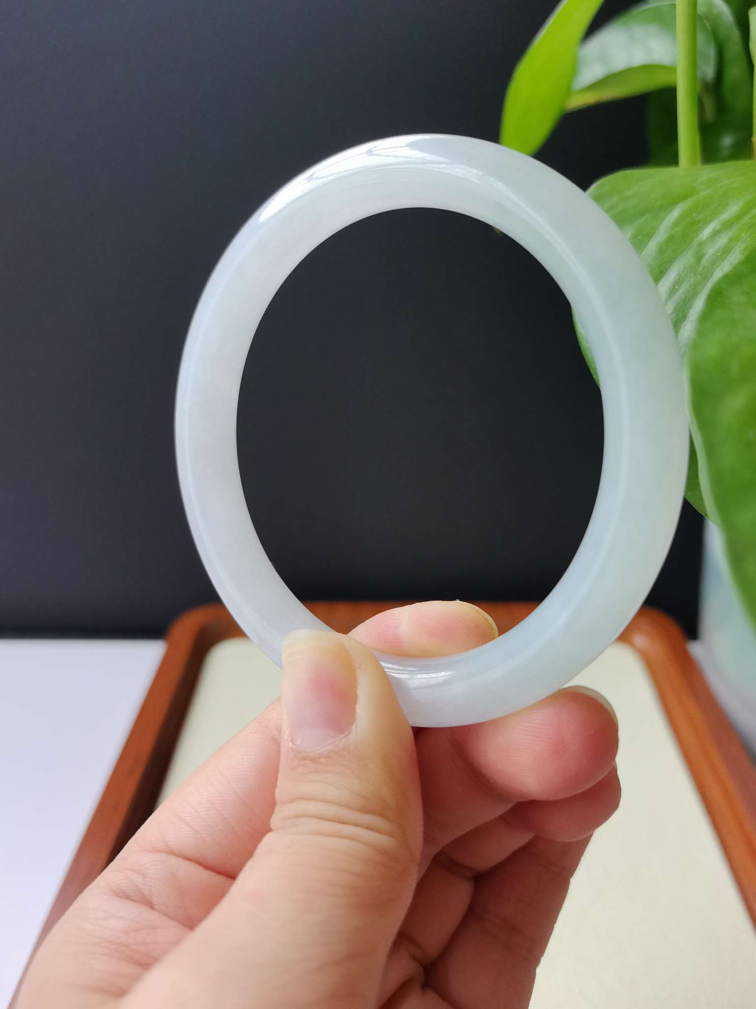 57.7*9.1*9 毫米「腕间一汪月光，清润如诗」
这支细圆条镯，像把一捧温润的月光揉进了玉里。
冰润细腻的底子，带一抹淡淡的晴水底色，清透又温柔。
纤细条型不挑手型，上手轻盈秀气，自带清冷柔光滤镜。
日常通勤、约会都适配，不张扬却悄悄提升气质。