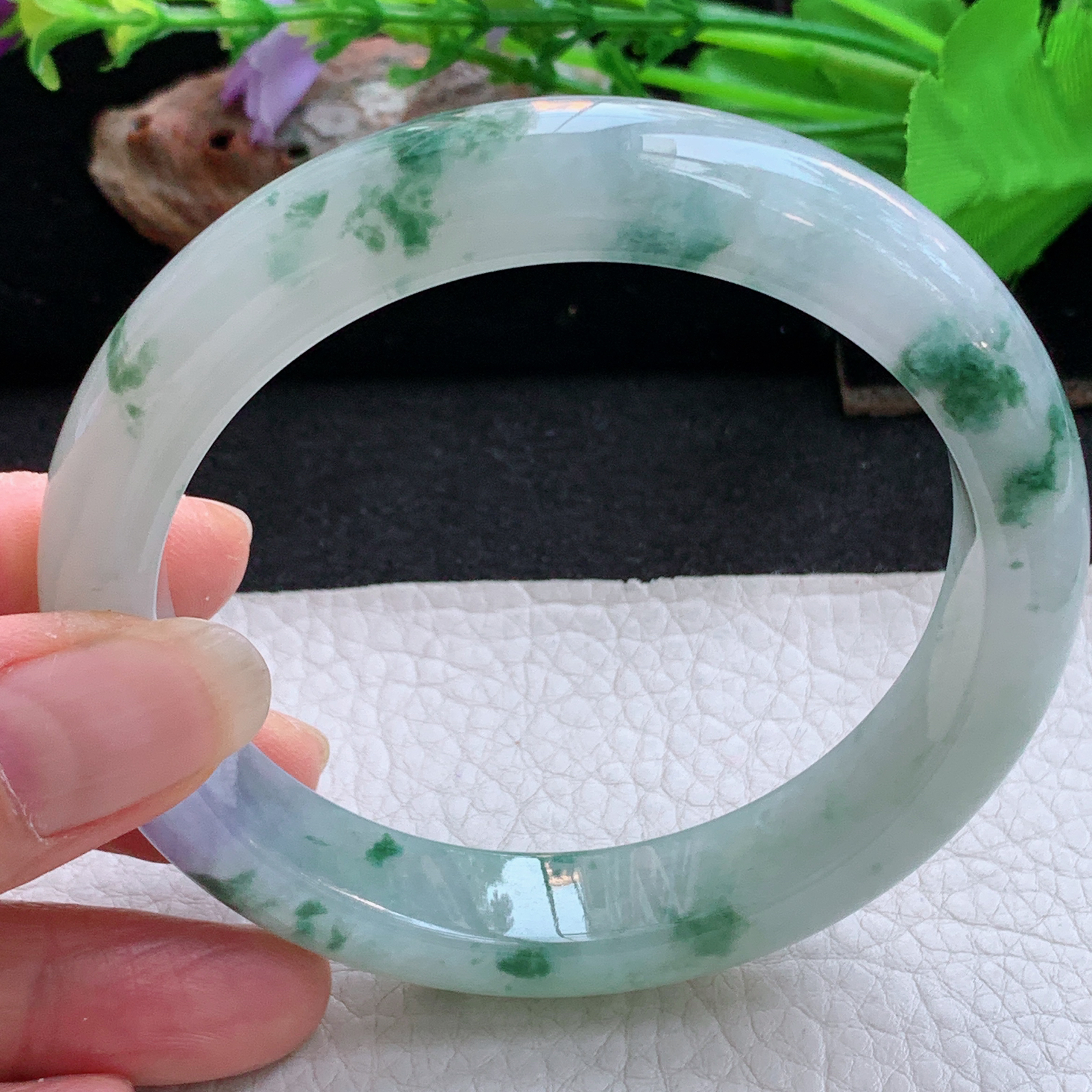 ee大圈口61.5*13*9.3平安镯 天然缅甸翡翠a货手镯冰飘花飘紫正圈玉镯子