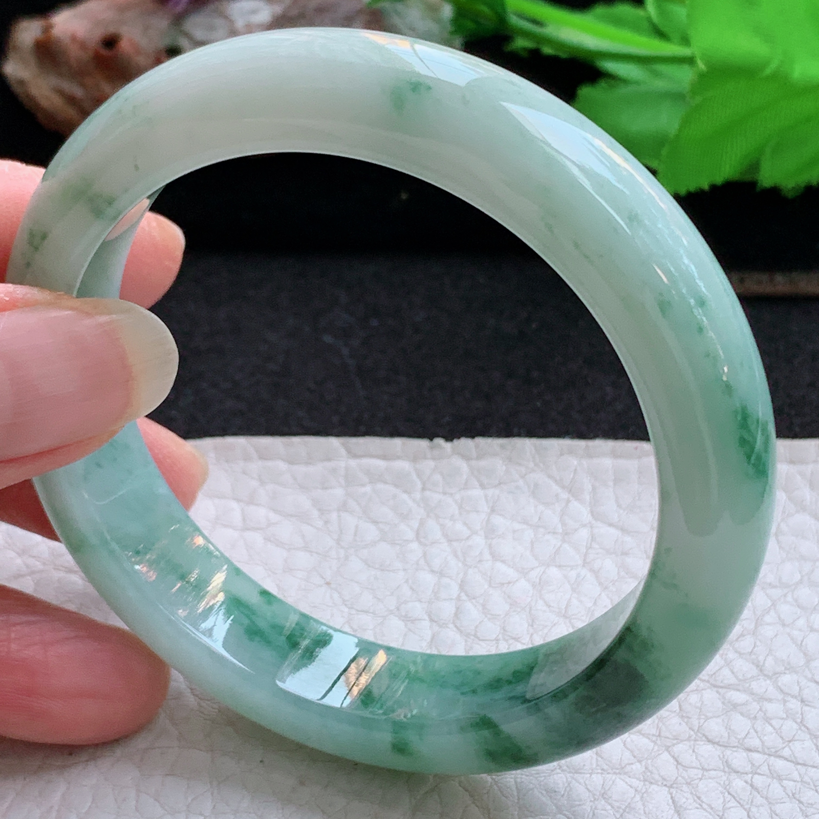 ym实拍56.5*12.6*8.5平安镯 天然缅甸翡翠a货手镯飘花水润正圈玉镯子