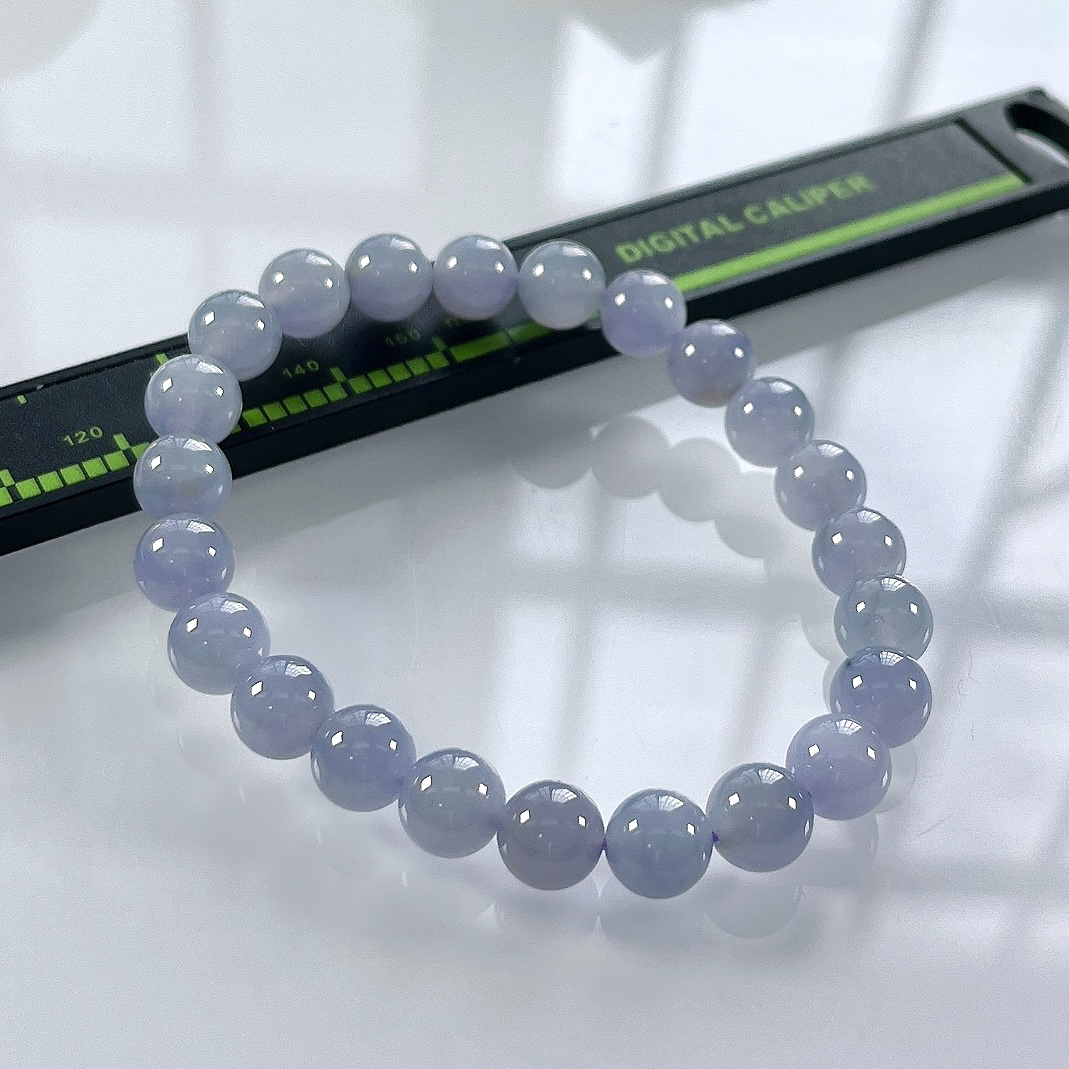 缅甸天然翡翠A货，卡8冰种起胶紫罗兰圆珠手串手链，尺寸：8mm/23颗，长度184mm，重量：20.46g
