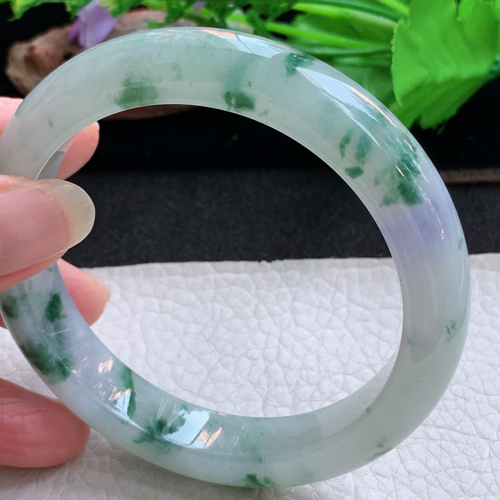 ee大圈口61.5*13*9.3平安镯 天然缅甸翡翠a货手镯冰飘花飘紫正圈玉镯子