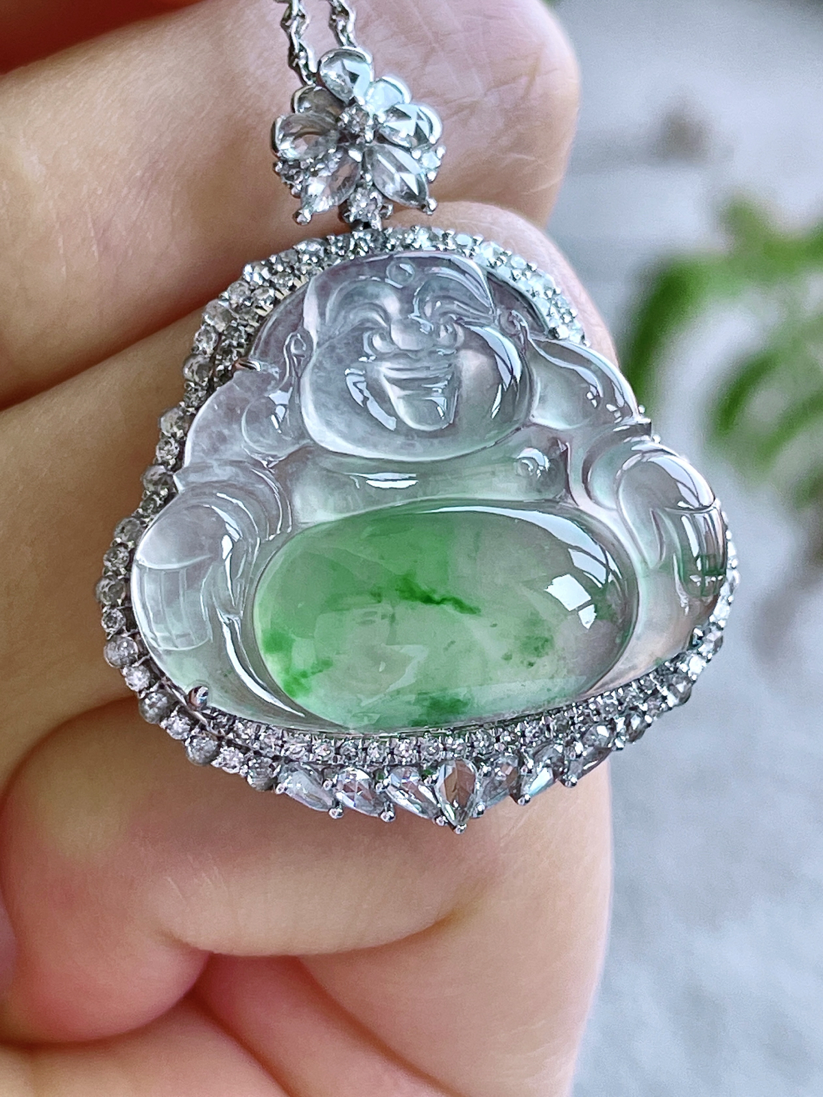 【镶嵌】高冰飘花佛公吊坠  
【说明】缅料 18k金镶嵌 性价比高  
【整体】36.7-29-9