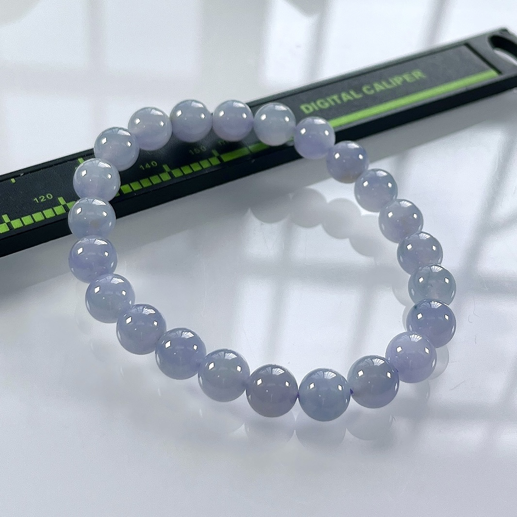 缅甸天然翡翠A货，卡8冰种起胶紫罗兰圆珠手串手链，尺寸：8mm/23颗，长度184mm，重量：20.46g