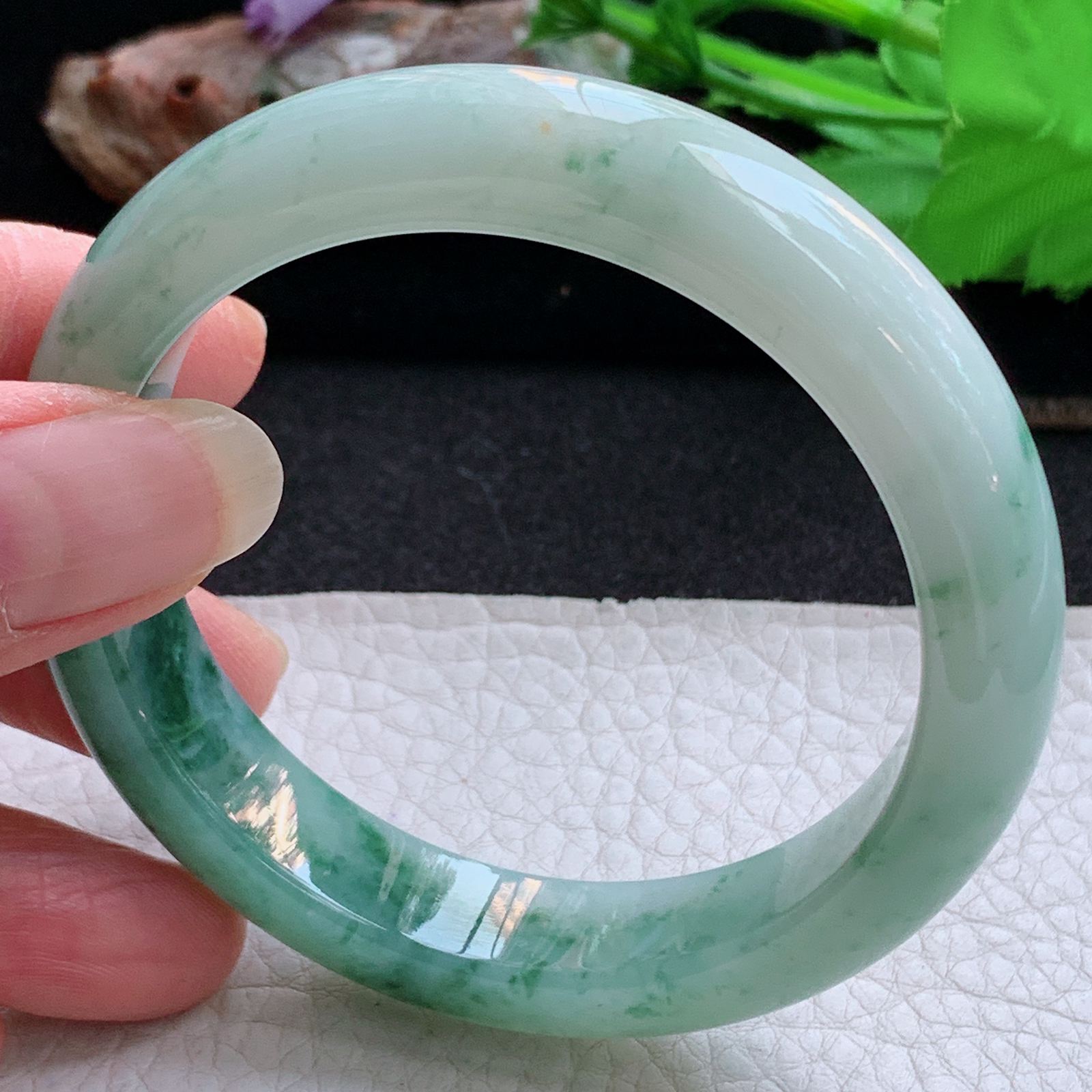 ym实拍56.5*12.6*8.5平安镯 天然缅甸翡翠a货手镯飘花水润正圈玉镯子