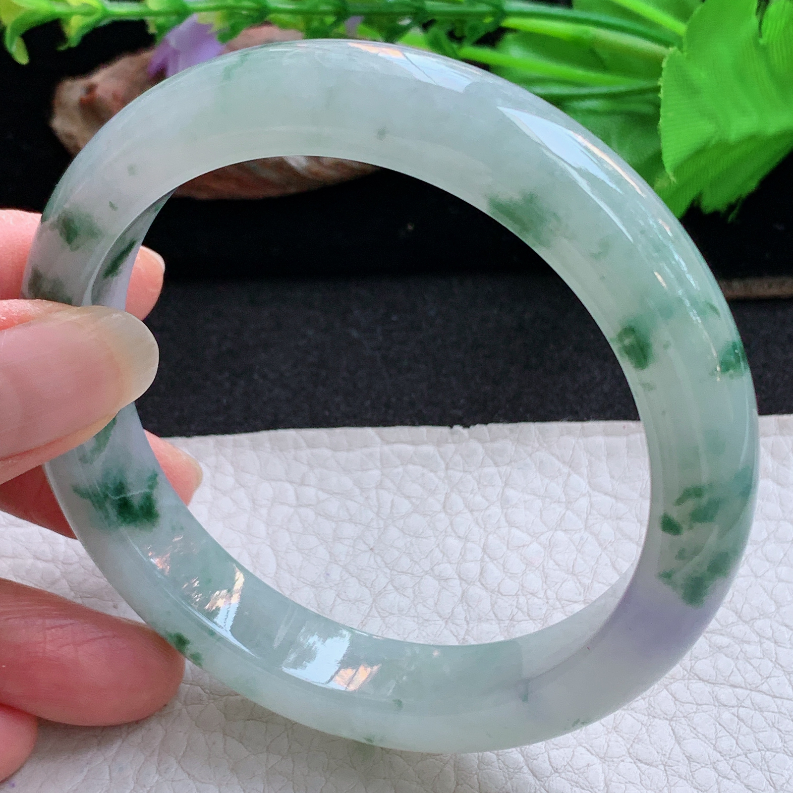 ee大圈口61.5*13*9.3平安镯 天然缅甸翡翠a货手镯冰飘花飘紫正圈玉镯子