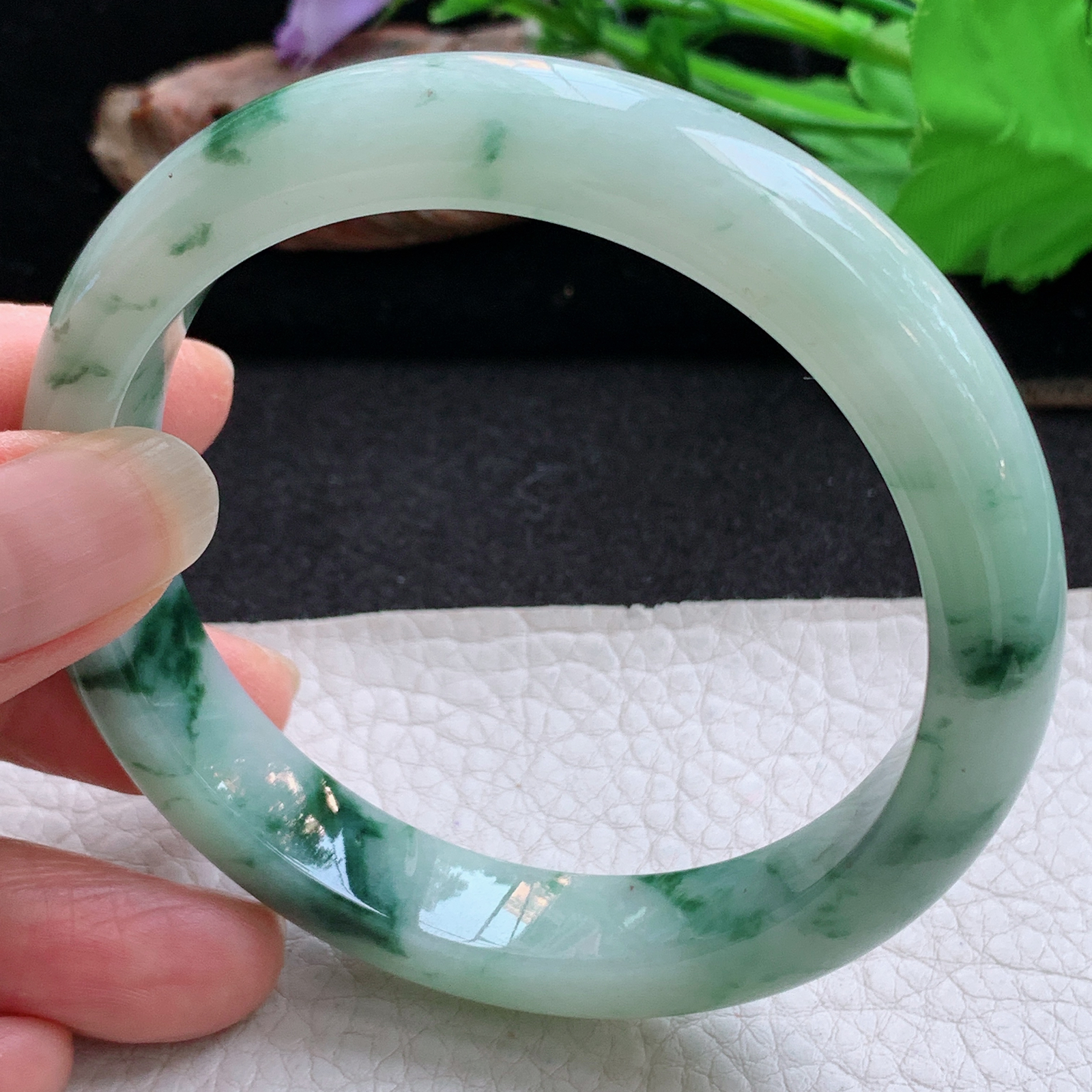 hy大圈口60*12*8.8平安镯 天然缅甸翡翠手镯飘花细润正圈玉镯子