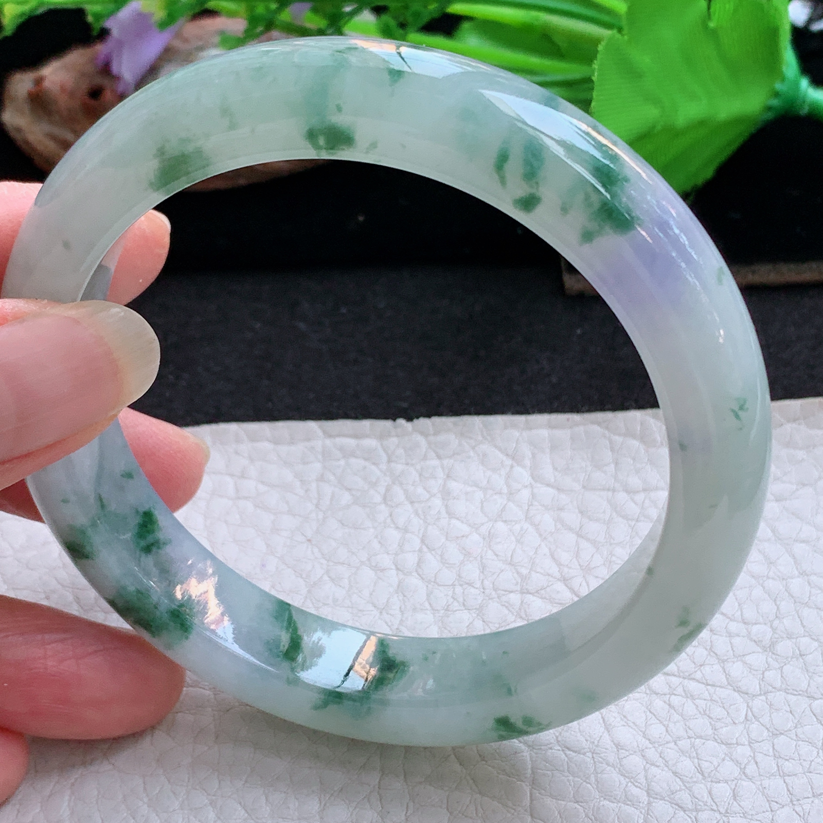 ee大圈口61.5*13*9.3平安镯 天然缅甸翡翠a货手镯冰飘花飘紫正圈玉镯子