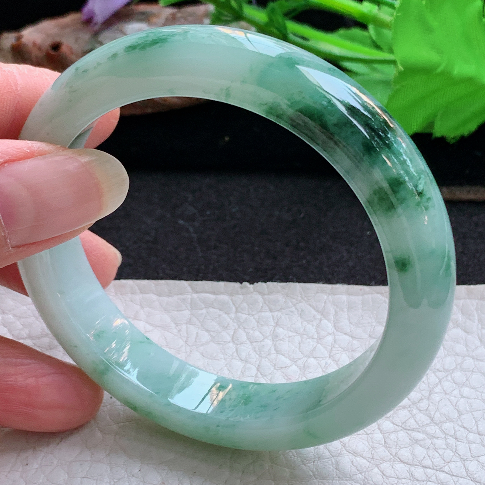 ym实拍56.5*12.6*8.5平安镯 天然缅甸翡翠a货手镯飘花水润正圈玉镯子