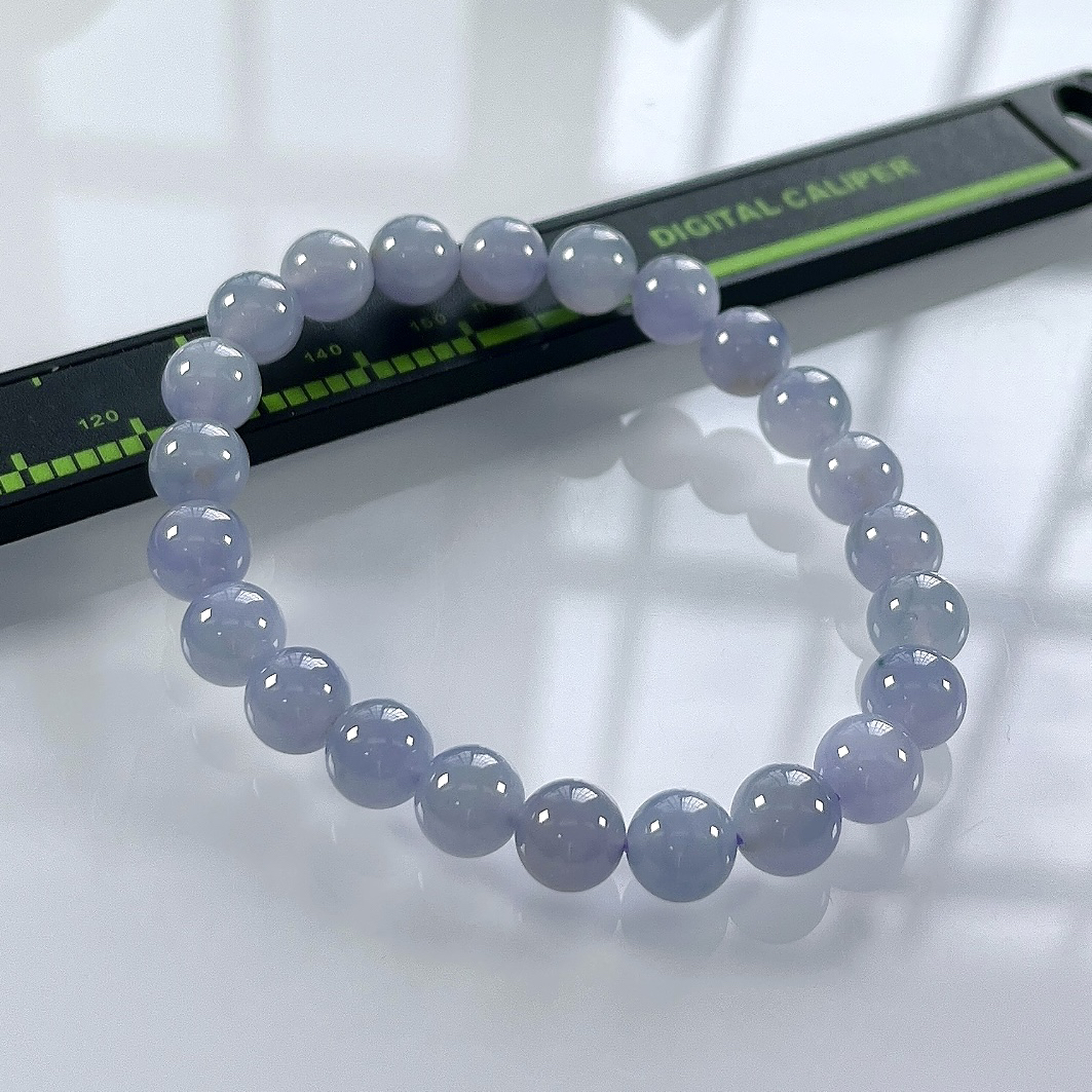 缅甸天然翡翠A货，卡8冰种起胶紫罗兰圆珠手串手链，尺寸：8mm/23颗，长度184mm，重量：20.