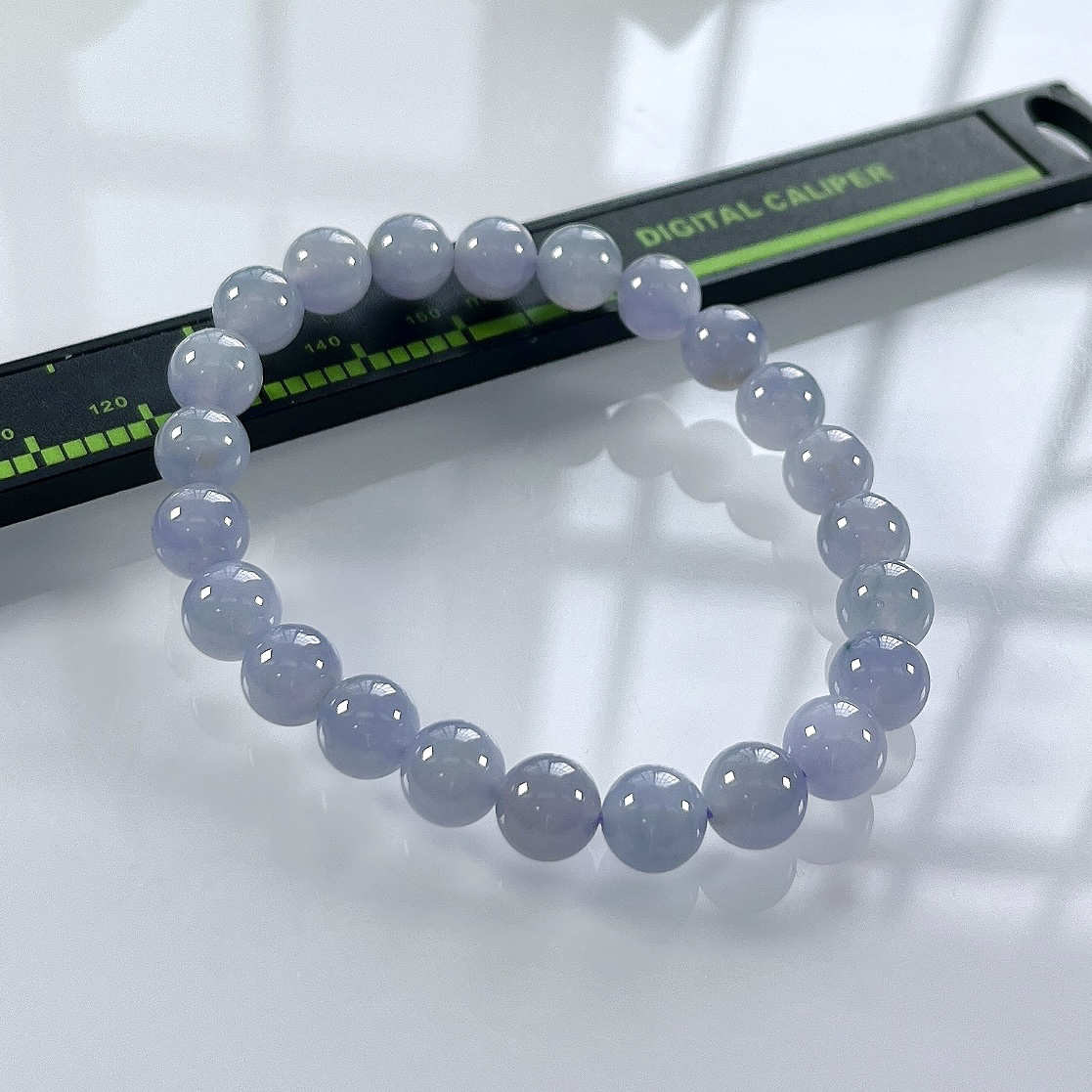 缅甸天然翡翠A货，卡8冰种起胶紫罗兰圆珠手串手链，尺寸：8mm/23颗，长度184mm，重量：20.