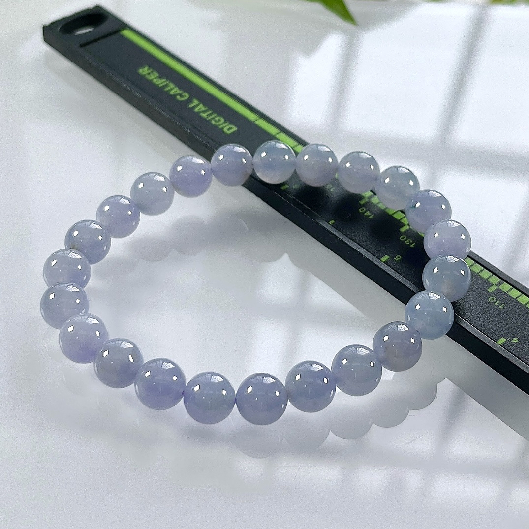 缅甸天然翡翠A货，卡8冰种起胶紫罗兰圆珠手串手链，尺寸：8mm/23颗，长度184mm，重量：20.46g