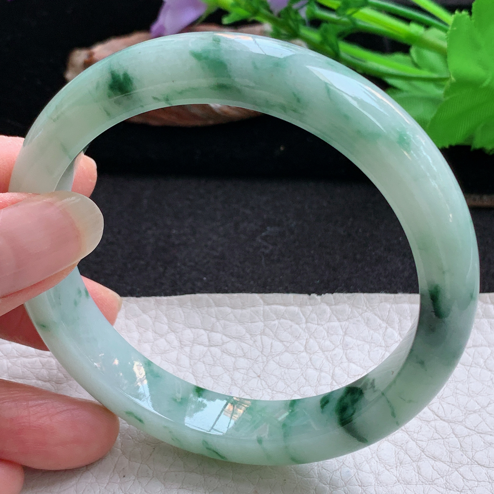 hy大圈口60*12*8.8平安镯 天然缅甸翡翠手镯飘花细润正圈玉镯子