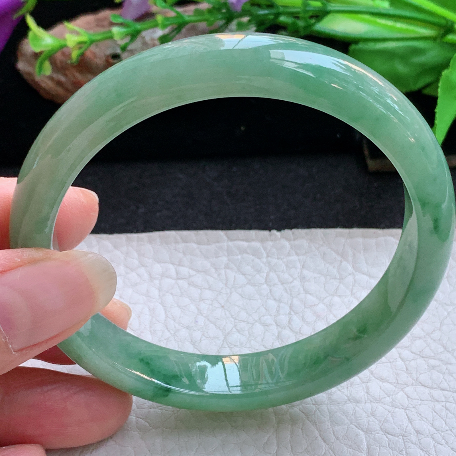 js大圈口60*12*7平安镯 天然缅甸翡翠a货手镯满绿飘花正圈玉镯子