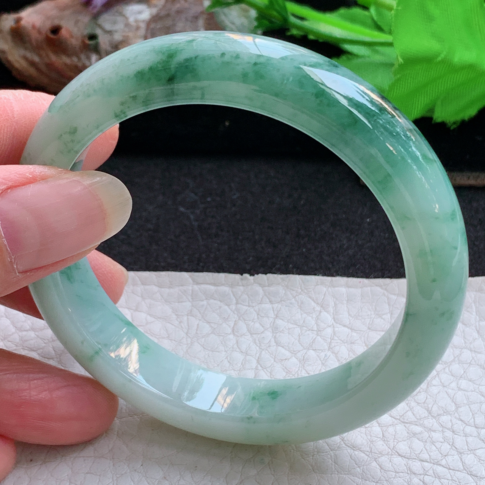 ym实拍56.5*12.6*8.5平安镯 天然缅甸翡翠a货手镯飘花水润正圈玉镯子