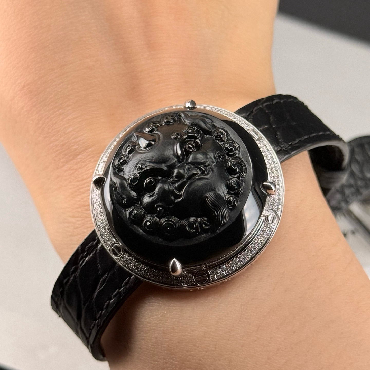 精品豪镶墨翠貔貅手环 种好色正 黑度极好 打灯通透 油性十足 尺寸18.2