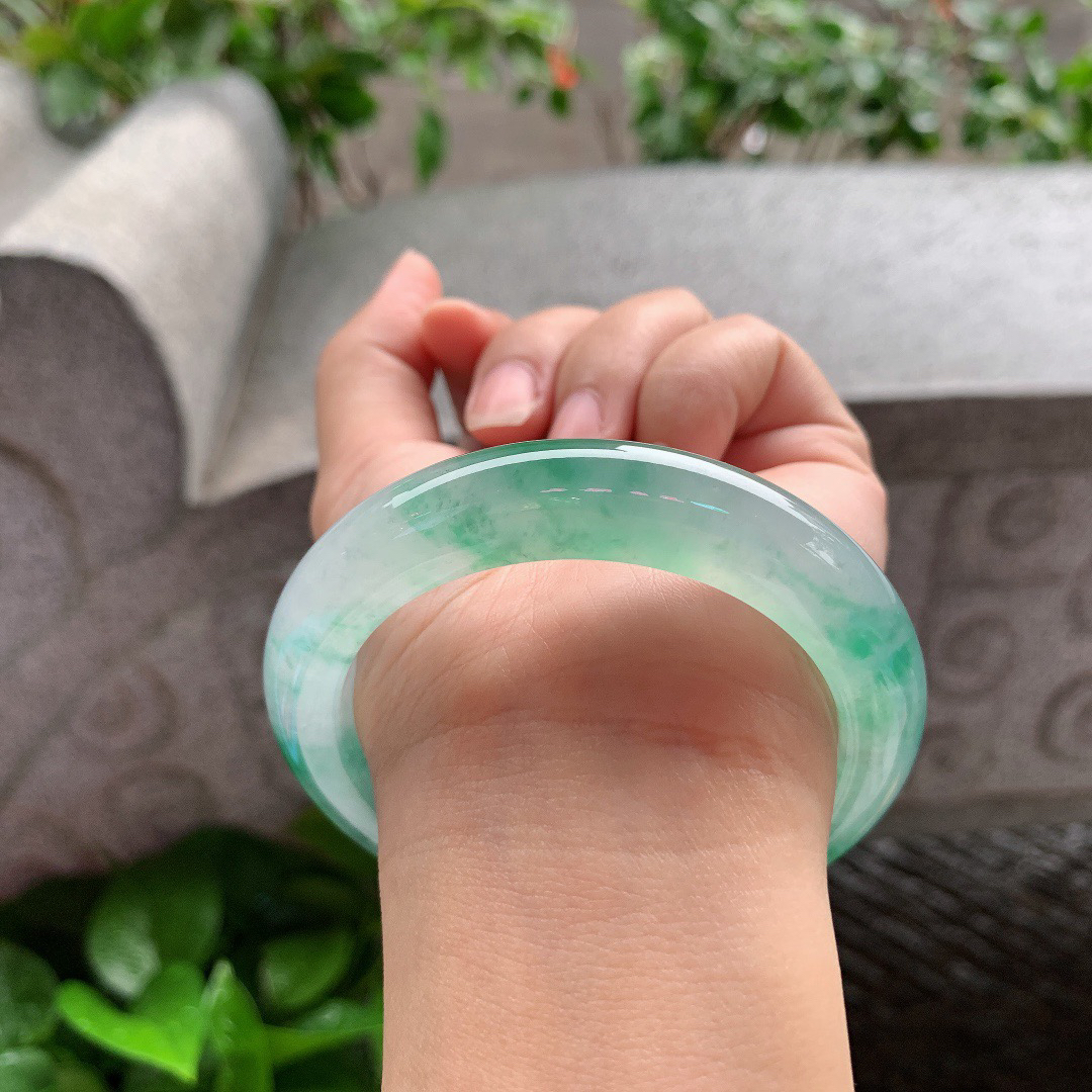 圈口 55.6-11.6-9.7【高冰飘绿花正圈手镯】正圈55 56可戴