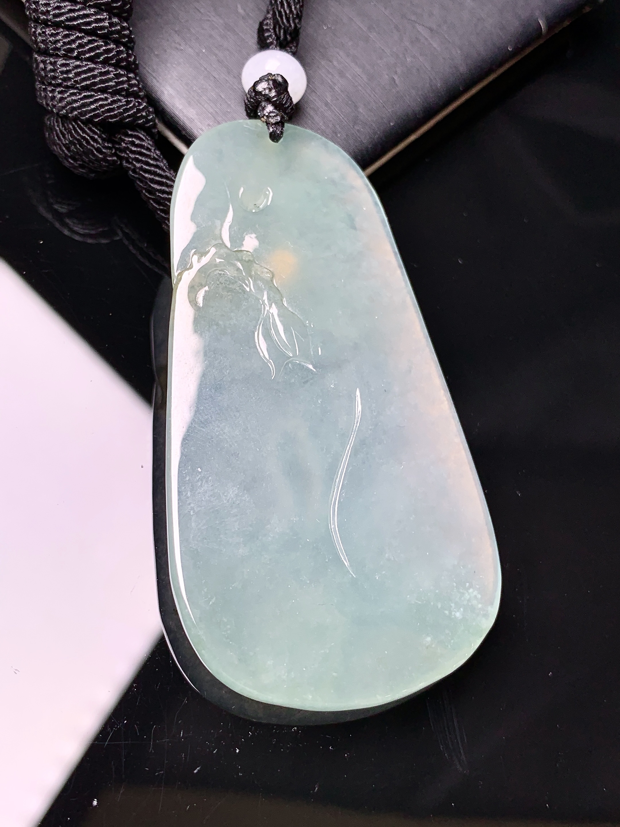 冰种悟道吊坠 玉质细腻 色泽艳丽清新 水润亮眼 整体尺寸59.5*32.7*6L1