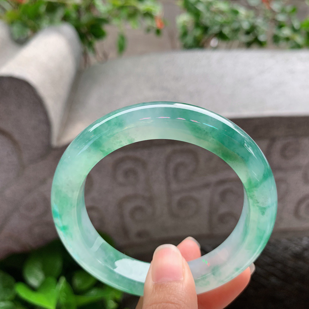 圈口 55.6-11.6-9.7【高冰飘绿花正圈手镯】正圈55 56可戴