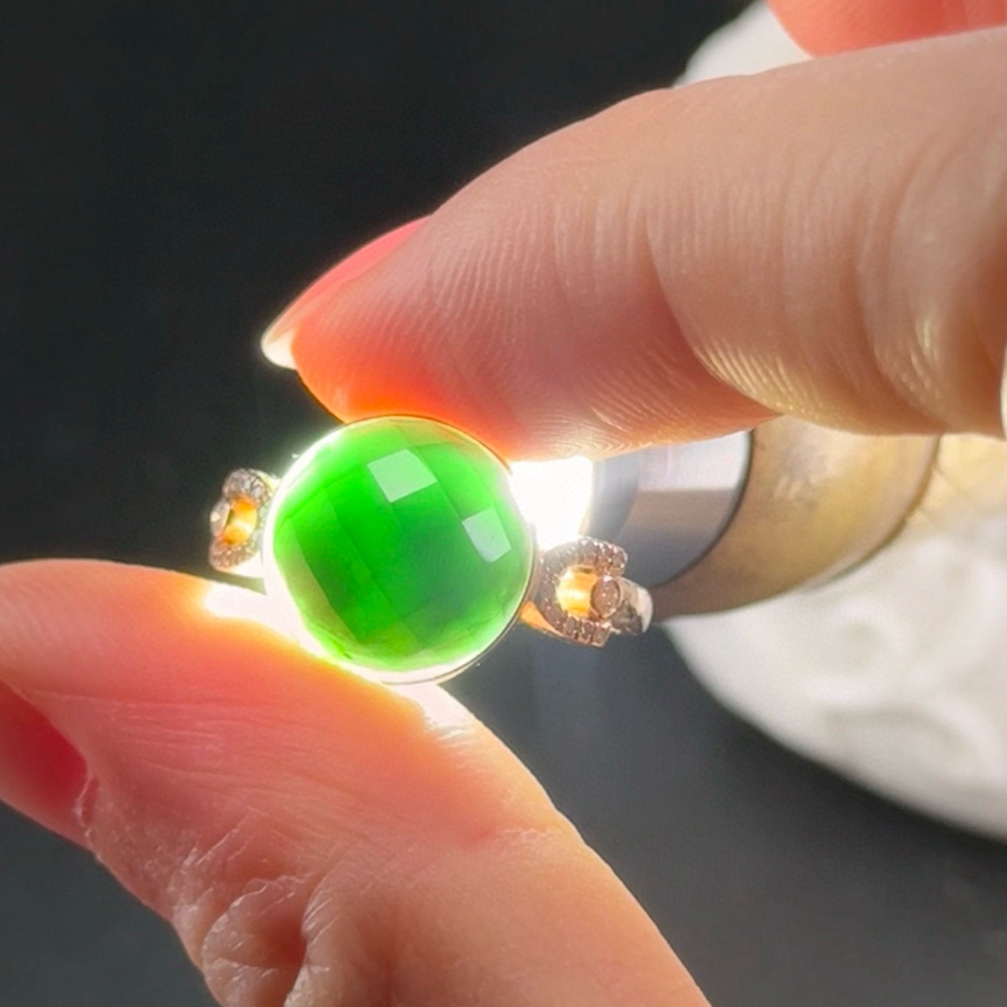 精品18k墨翠切割面女戒 种好色正 黑度极好 打灯通透 油性十足 尺寸11.7