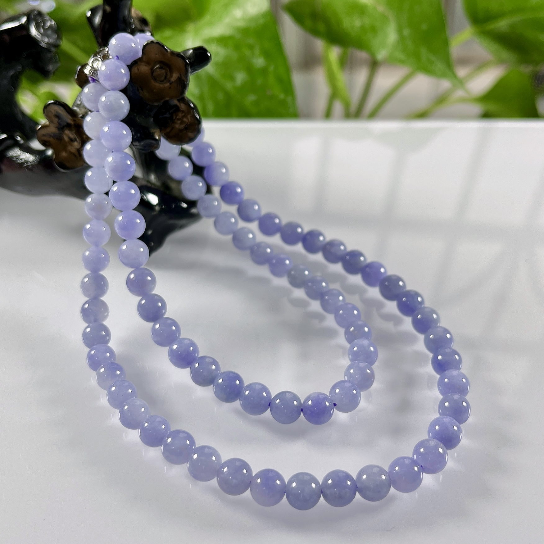 缅甸天然翡翠A货，卡6.8冰润紫罗兰浓紫圆珠项链手链，尺寸：6.8mm/80颗，长度560mm，重量：43.67g