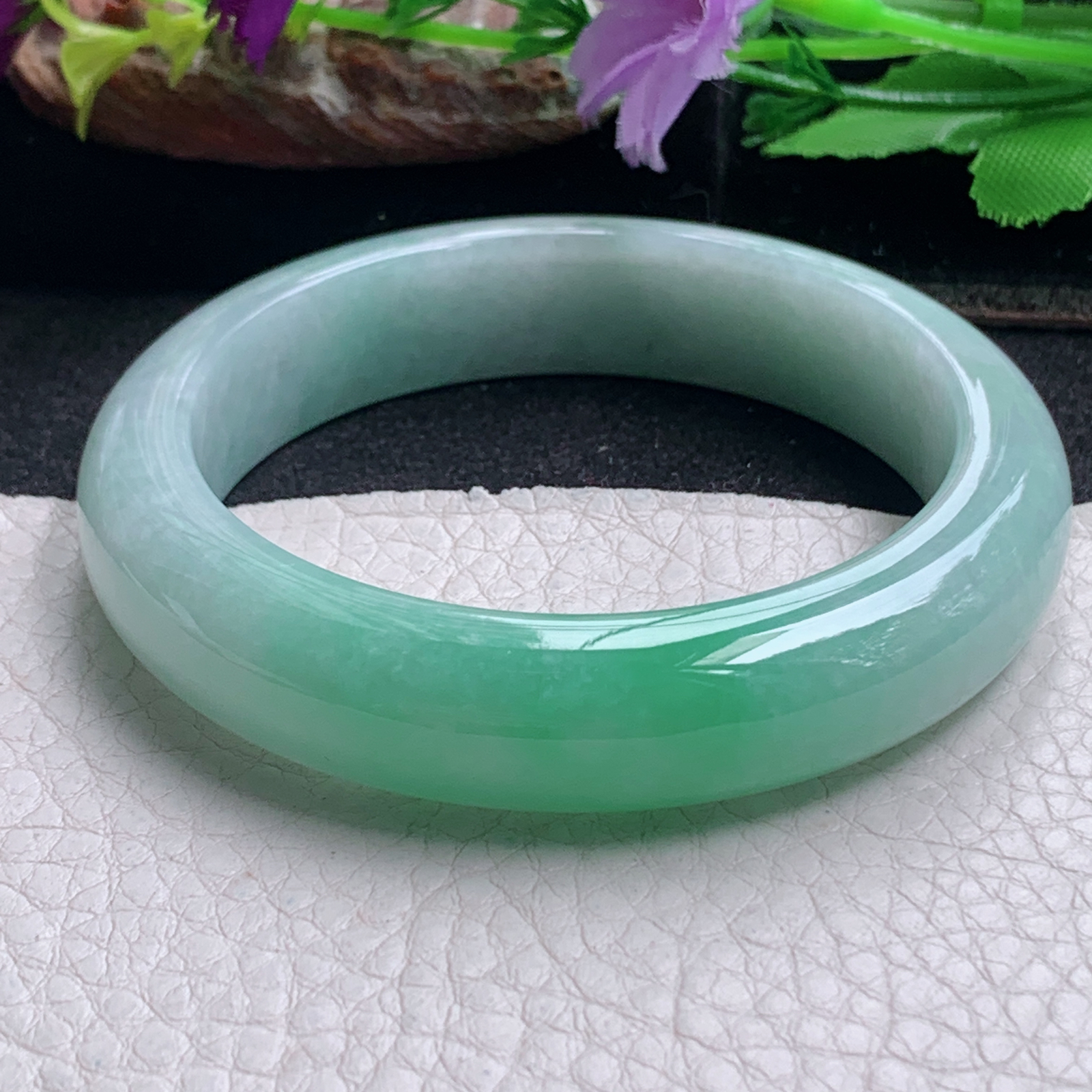 ll白底青54.5*13*8.3平安镯 天然缅甸翡翠a货手镯飘绿正圈玉镯子