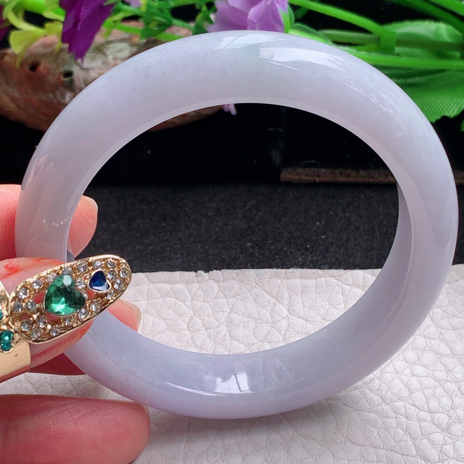 nr实拍53.5*12.5*8.3平安镯 天然缅甸翡翠a货手镯淡紫宽边正圈玉镯子