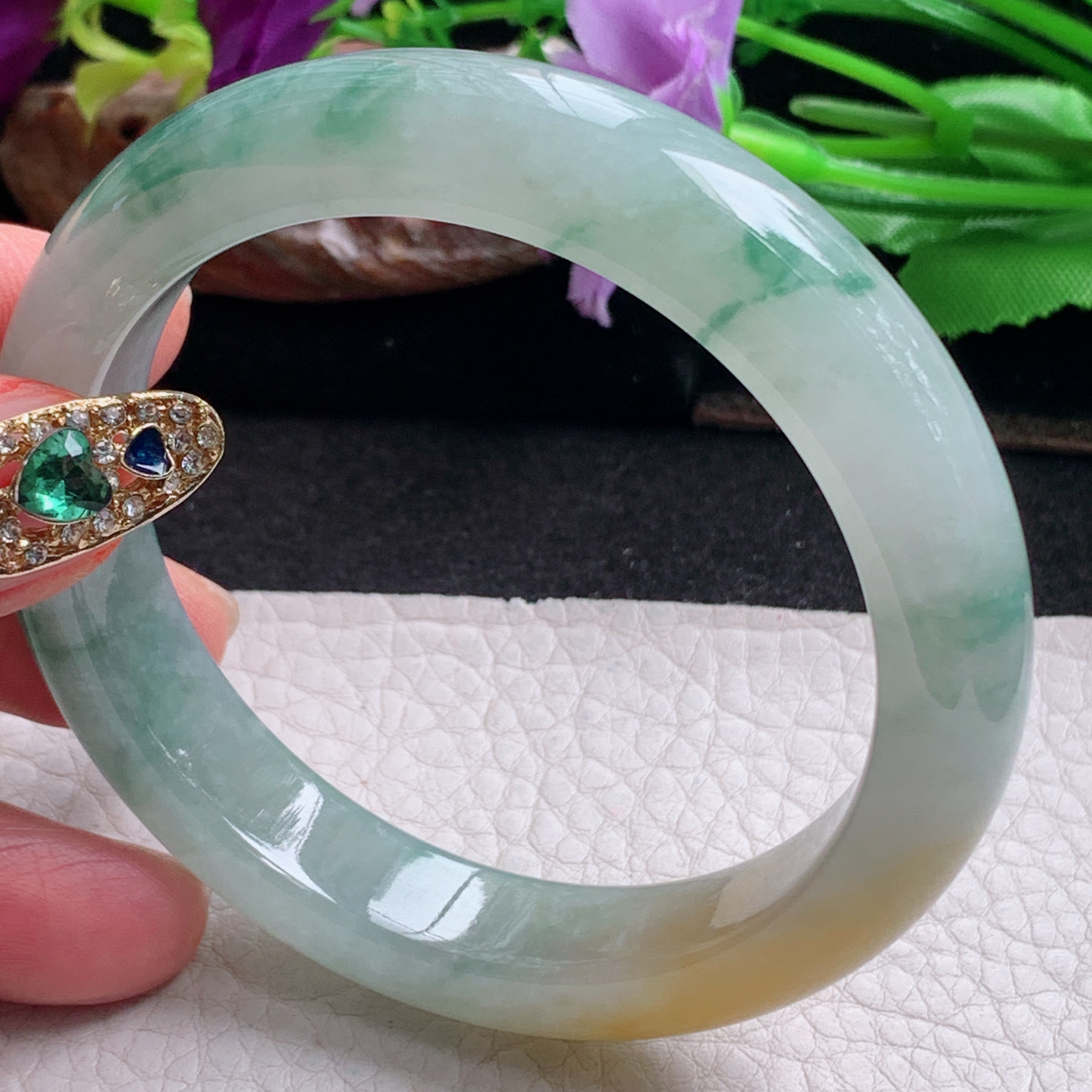 js实拍57*12*8.6平安镯 天然缅甸翡翠a货手镯冰三彩宽边正圈玉镯子