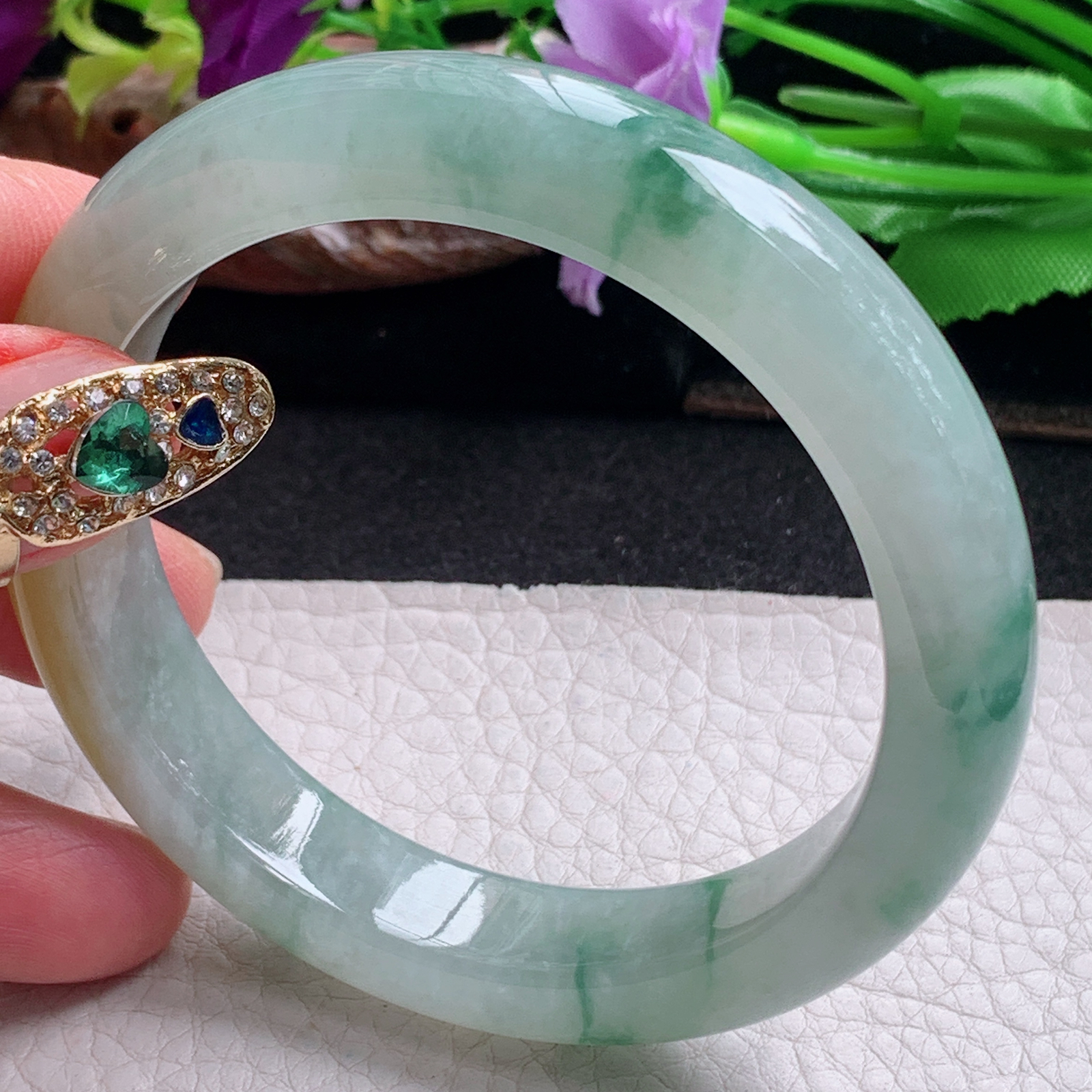 js实拍57*12*8.6平安镯 天然缅甸翡翠a货手镯冰三彩宽边正圈玉镯子