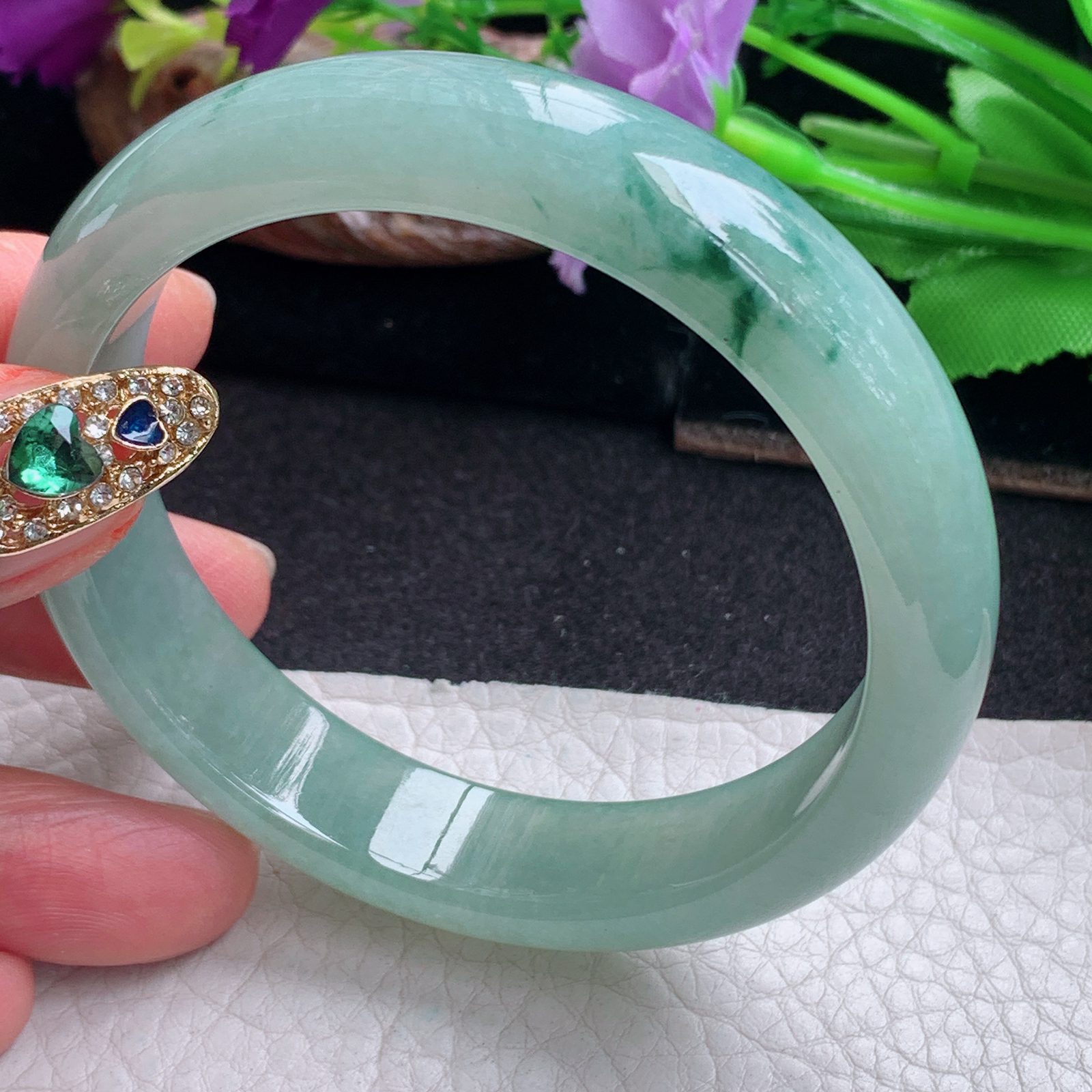 ll飘逸款57.3*13.5*7.5平安镯 天然缅甸翡翠a货手镯冰飘花正圈玉镯子