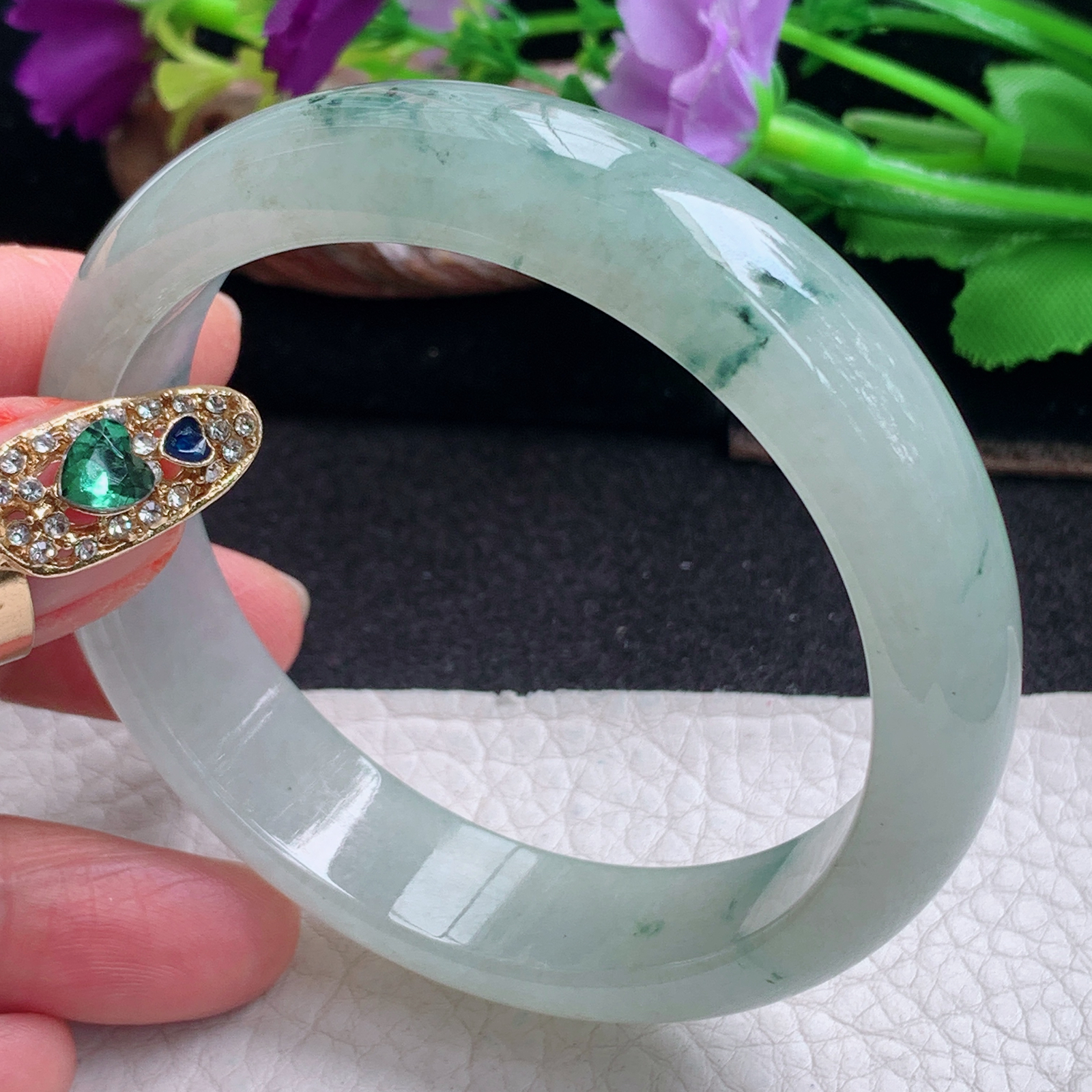 ll飘逸款57*14.2*7.5平安镯 天然缅甸翡翠a货手镯冰飘花正圈玉镯子