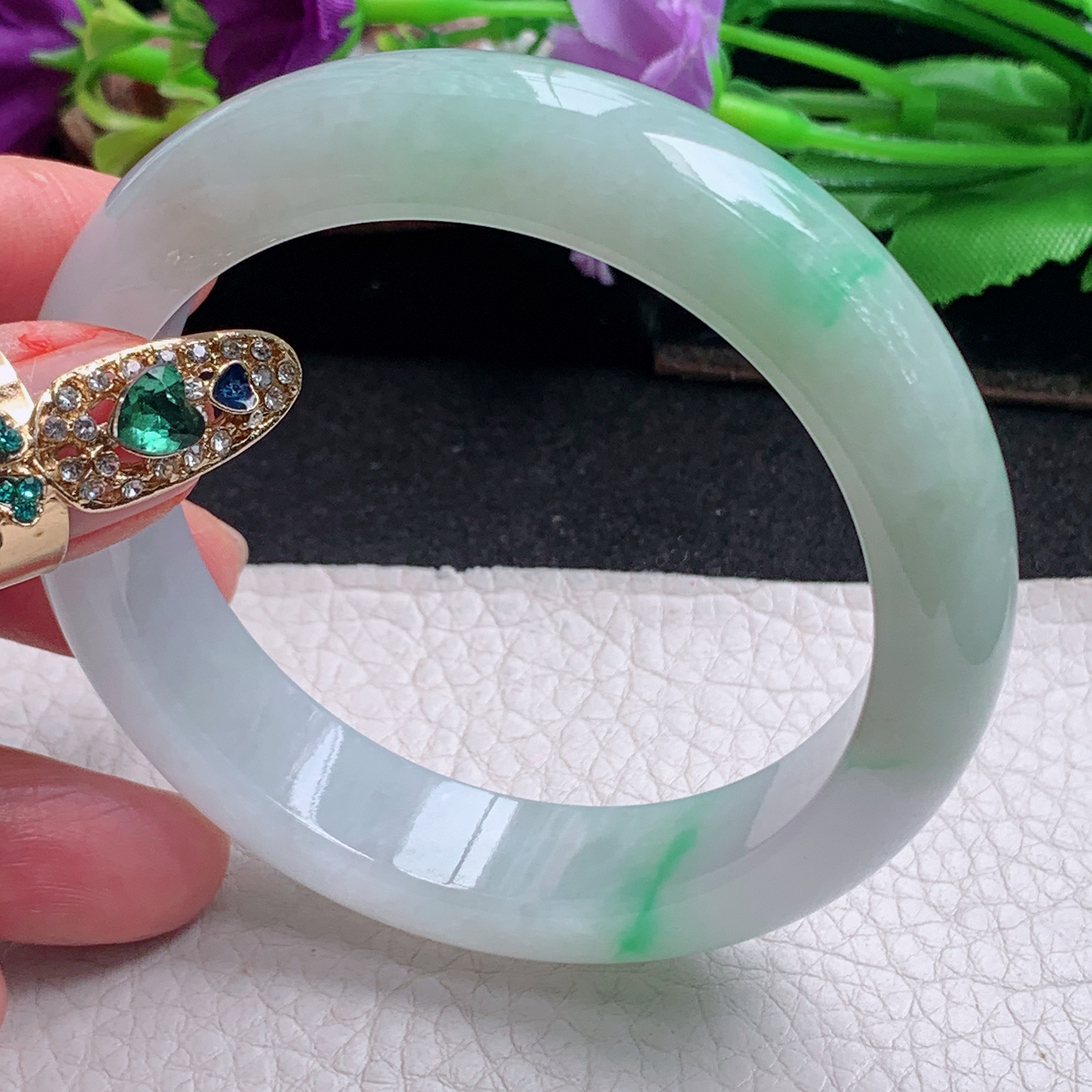 ll清爽款56.3*13.6*8.6平安镯 天然缅甸翡翠a货手镯飘绿正圈玉镯子