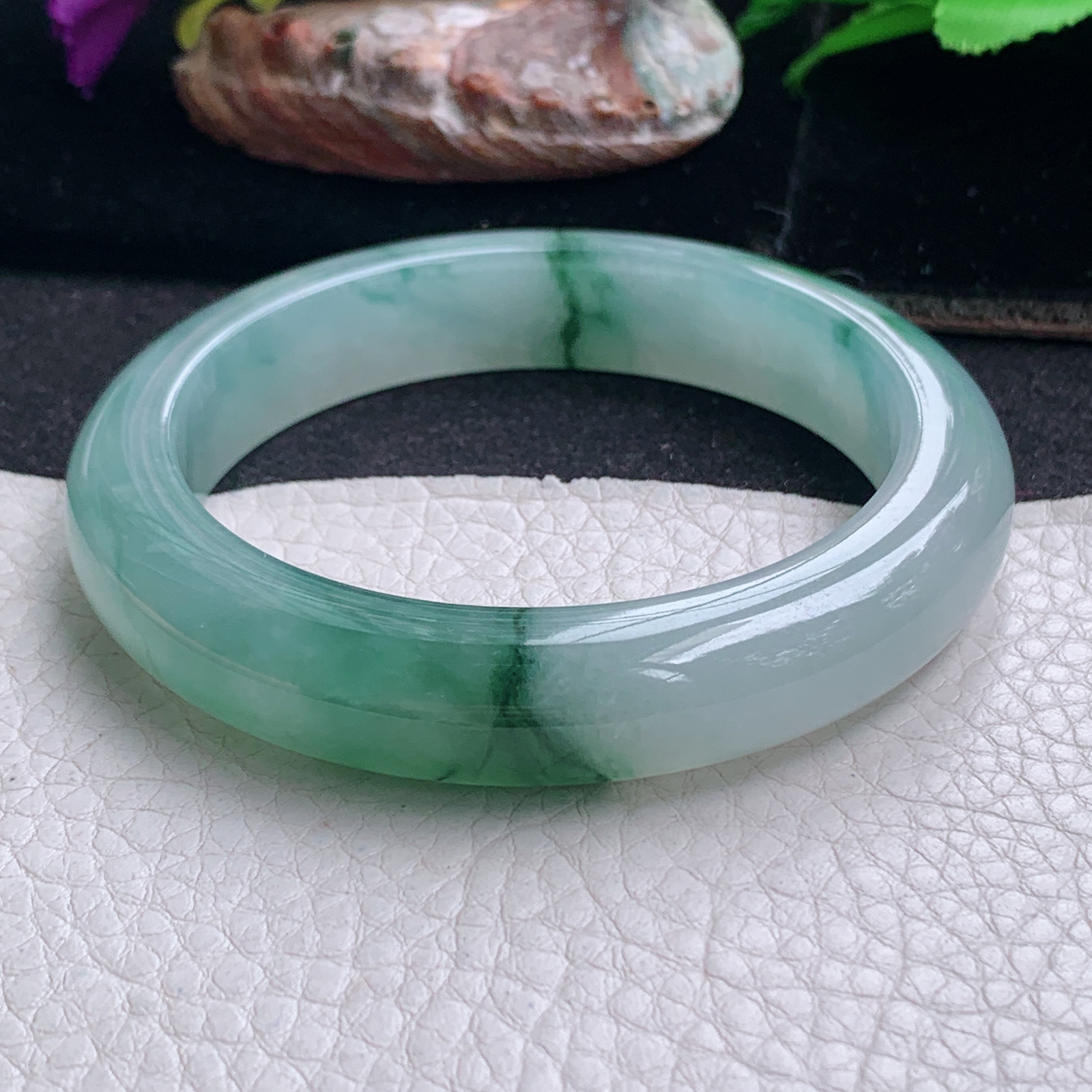 ll飘逸款58*12.5*9.5平安镯 天然缅甸翡翠a货手镯冰飘花厚装正圈玉镯子