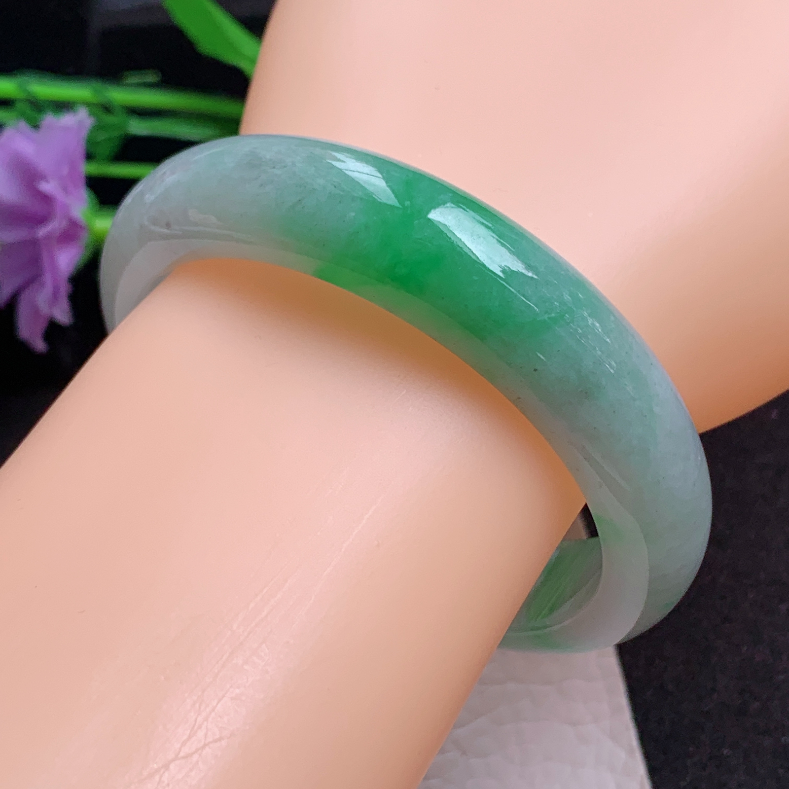 ll白底青55.5*14.3*7.8平安镯 天然缅甸翡翠a货手镯飘阳绿正圈玉镯子