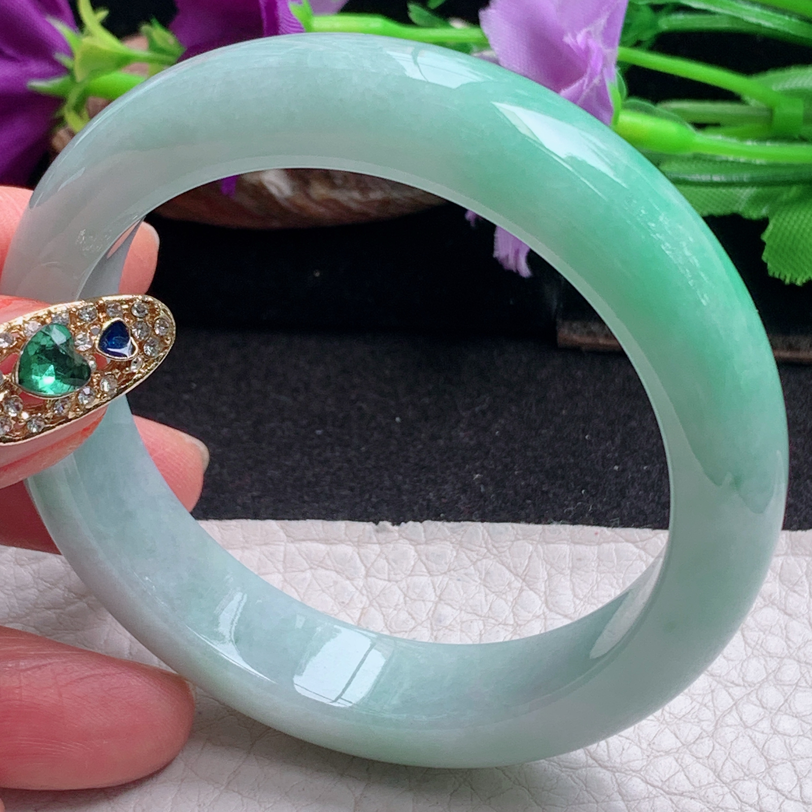 ll白底青54.5*13*8.3平安镯 天然缅甸翡翠a货手镯飘绿正圈玉镯子